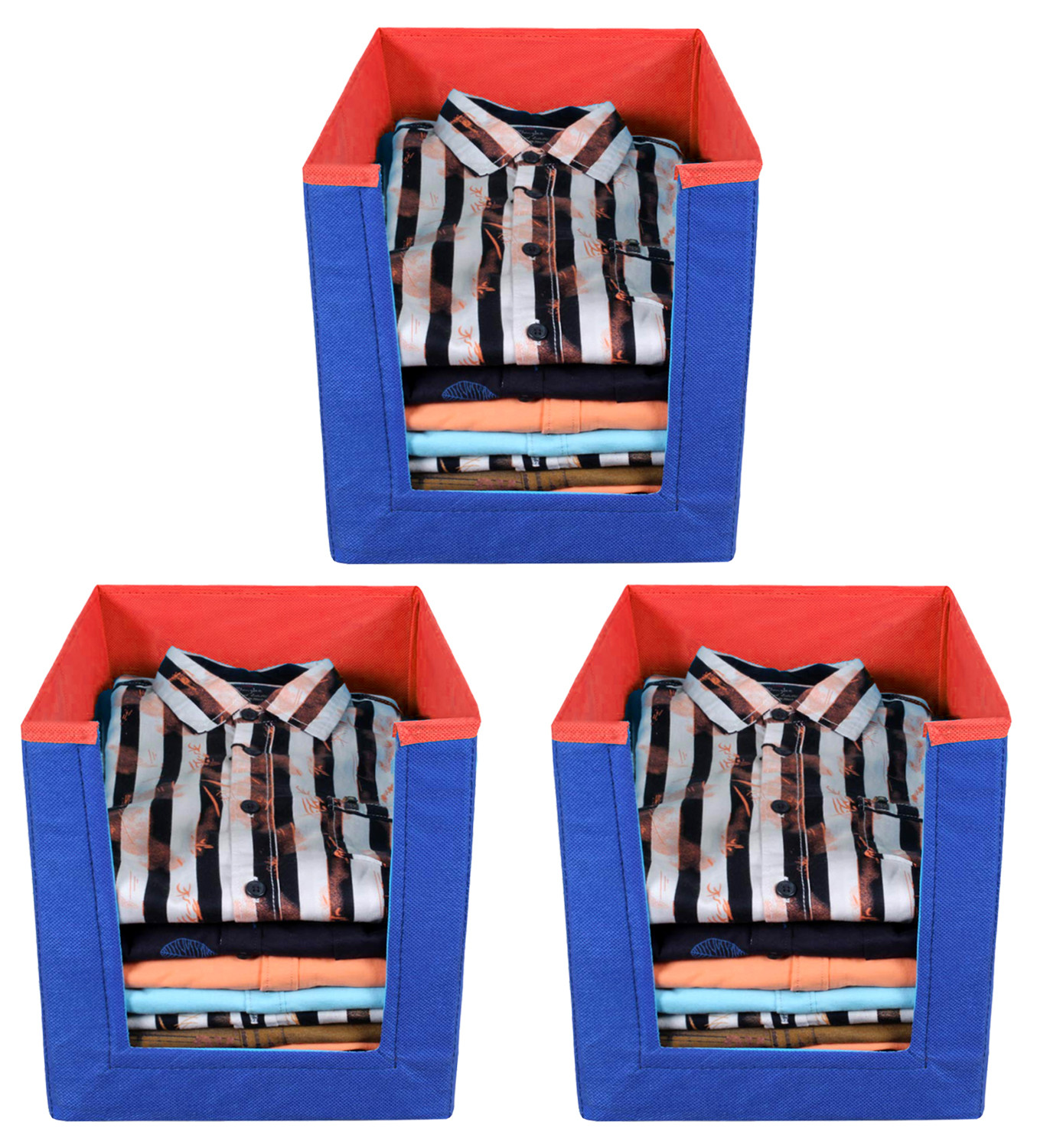 Kuber Industries Non Woven Wardrobe Cloths Organizer-Shirt Stacker Storage Box (Blue & Red)