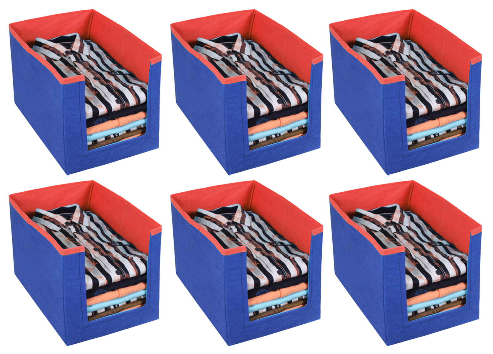 Kuber Industries Non Woven Wardrobe Cloths Organizer-Shirt Stacker Storage Box (Blue & Red)