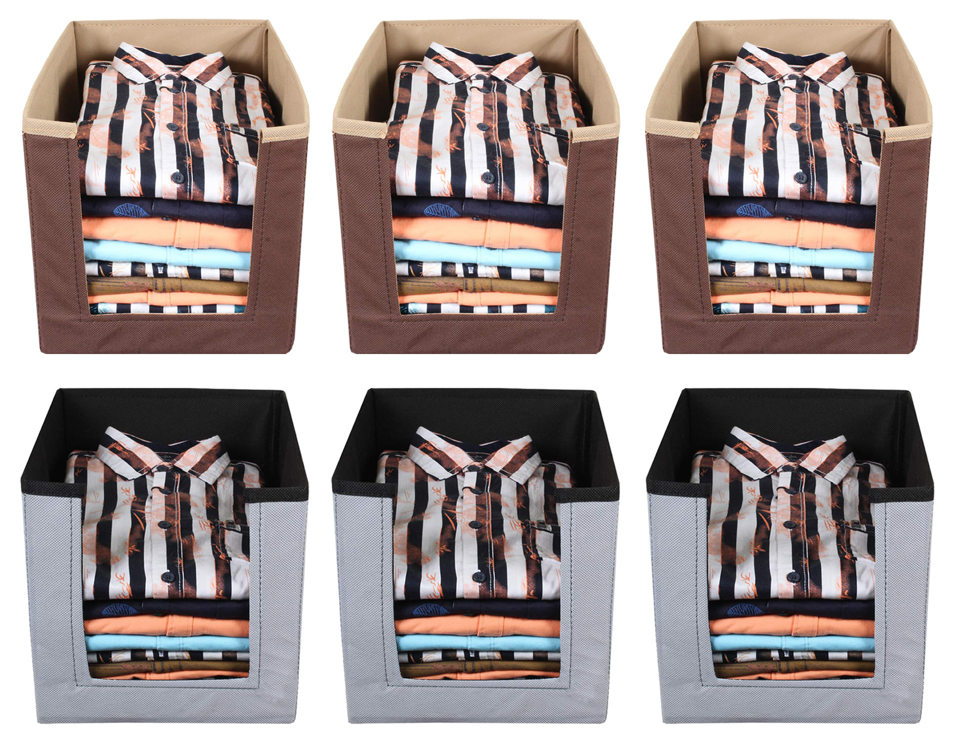 Kuber Industries Non Woven Wardrobe Cloths Organizer-Shirt Stacker Storage Box (Grey & Brown)