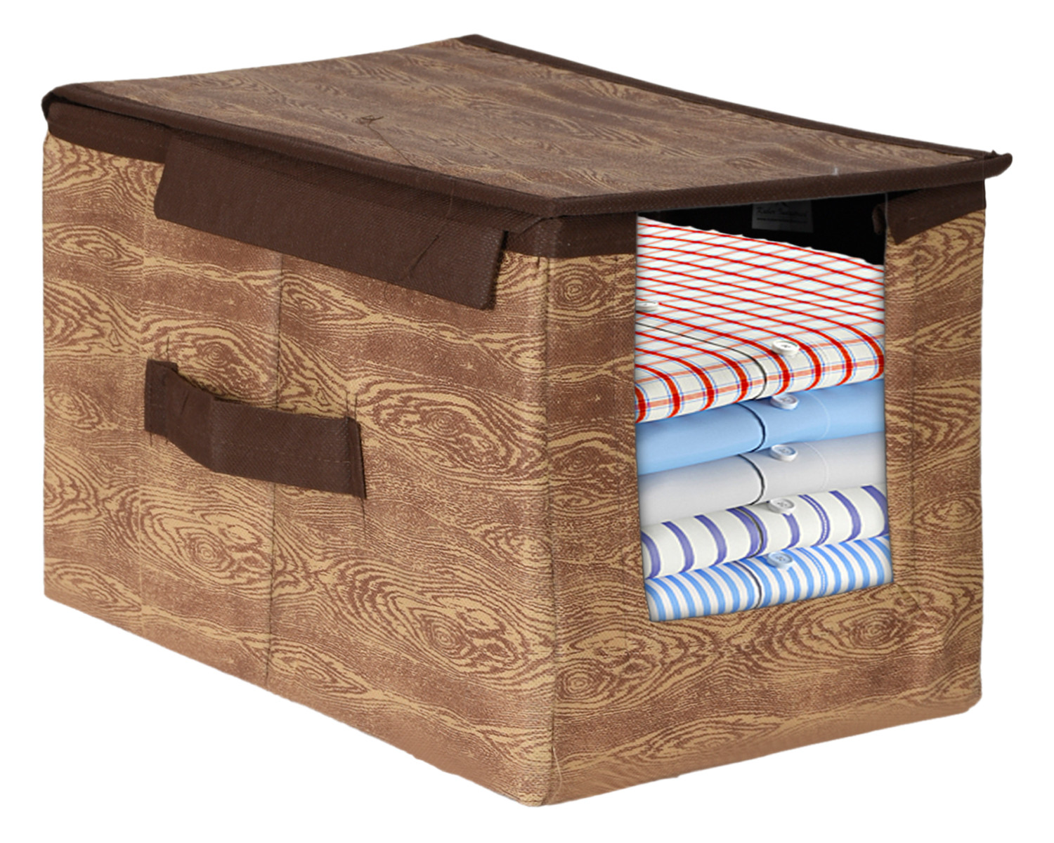 Kuber Industries Non-Woven Wooden Print Shirt Stacker With Handle & Lid (Brown)