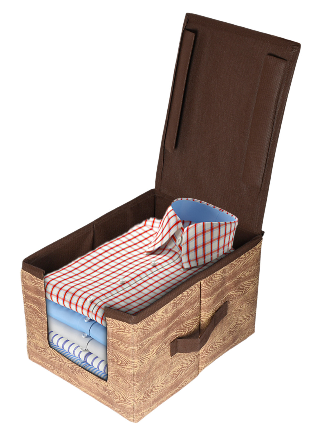 Kuber Industries Non-Woven Wooden Print Shirt Stacker With Handle & Lid (Brown)