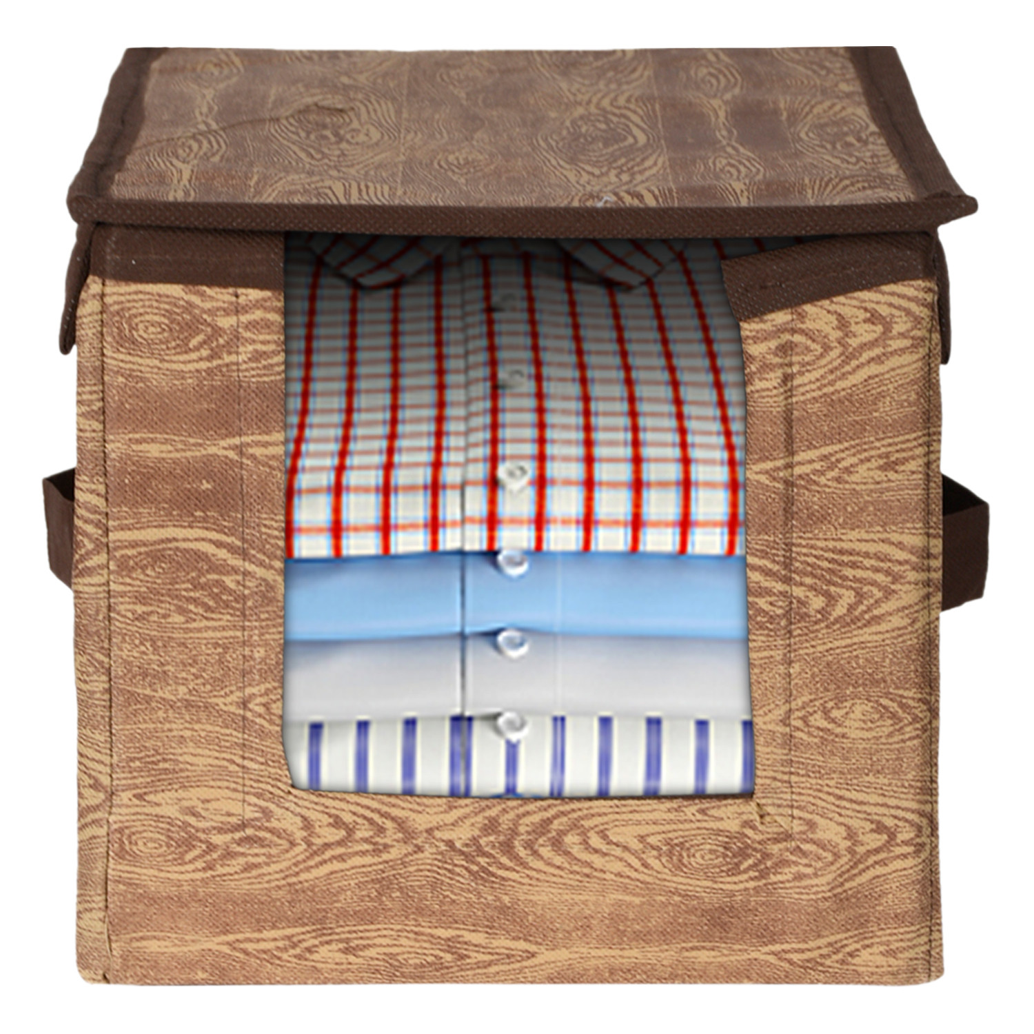 Kuber Industries Non-Woven Wooden Print Shirt Stacker With Handle & Lid (Brown)