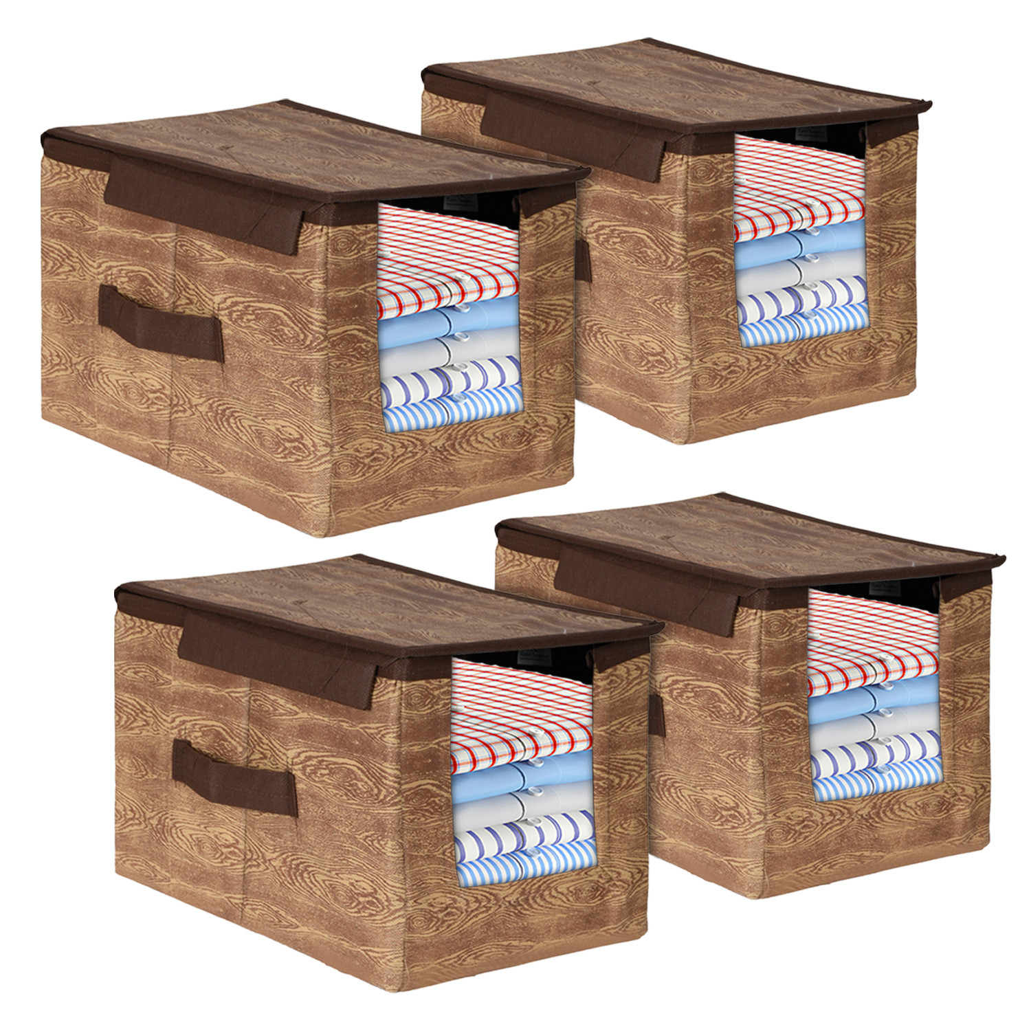Kuber Industries Non-Woven Wooden Print Shirt Stacker With Handle & Lid (Brown)