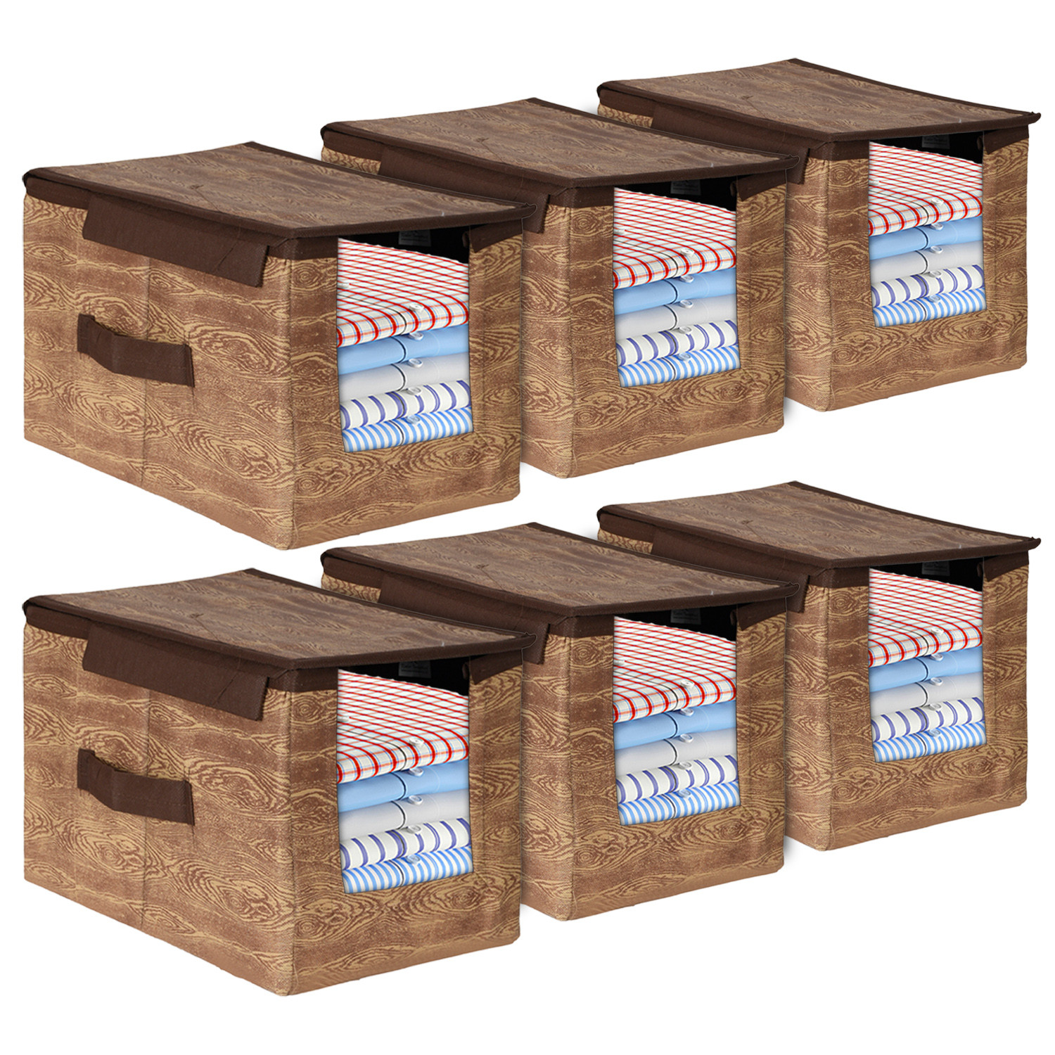 Kuber Industries Non-Woven Wooden Print Shirt Stacker With Handle & Lid (Brown)