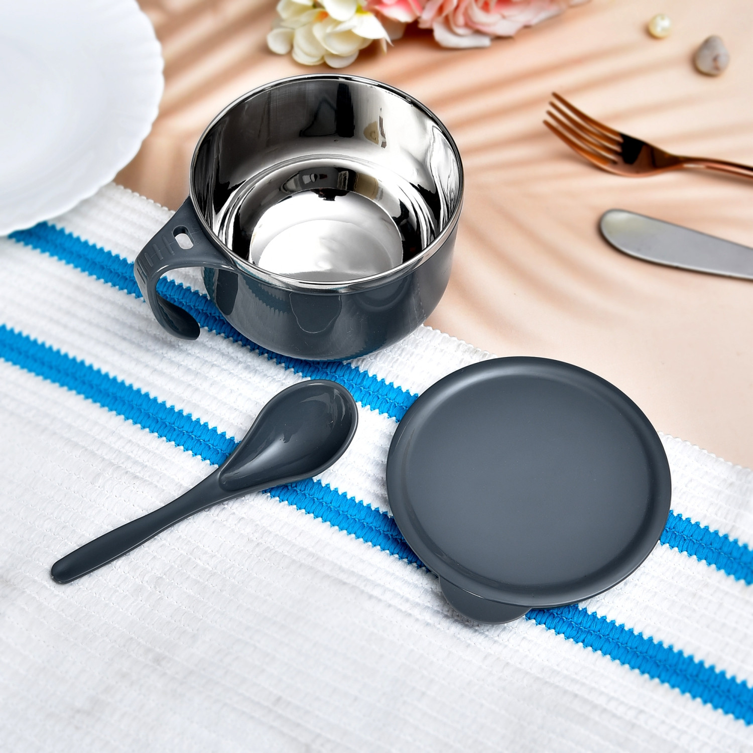 Kuber Industries Noodle  Soup Bowl Set  Steel Noodle Bowl with Spoon  Airtight Bowl for Pasta-Rice  Food Container  Office Bowl  Kitchen Bowl Set  600 ML  Gray