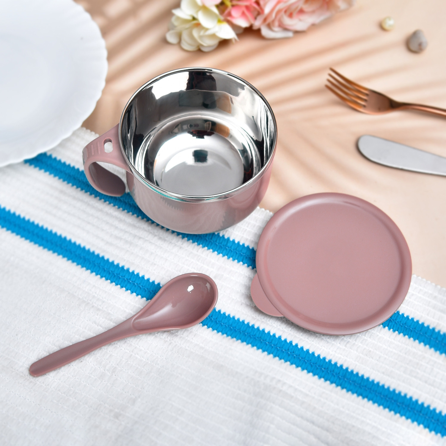 Kuber Industries Noodle  Soup Bowl Set  Steel Noodle Bowl with Spoon  Airtight Bowl for Pasta-Rice  Food Container  Office Bowl  Kitchen Bowl Set  600 ML  Brown