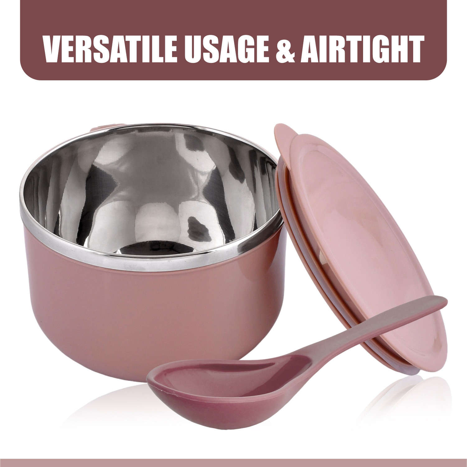 Kuber Industries Noodle  Soup Bowl Set  Steel Noodle Bowl with Spoon  Airtight Bowl for Pasta-Rice  Food Container  Office Bowl  Kitchen Bowl Set  600 ML  Brown