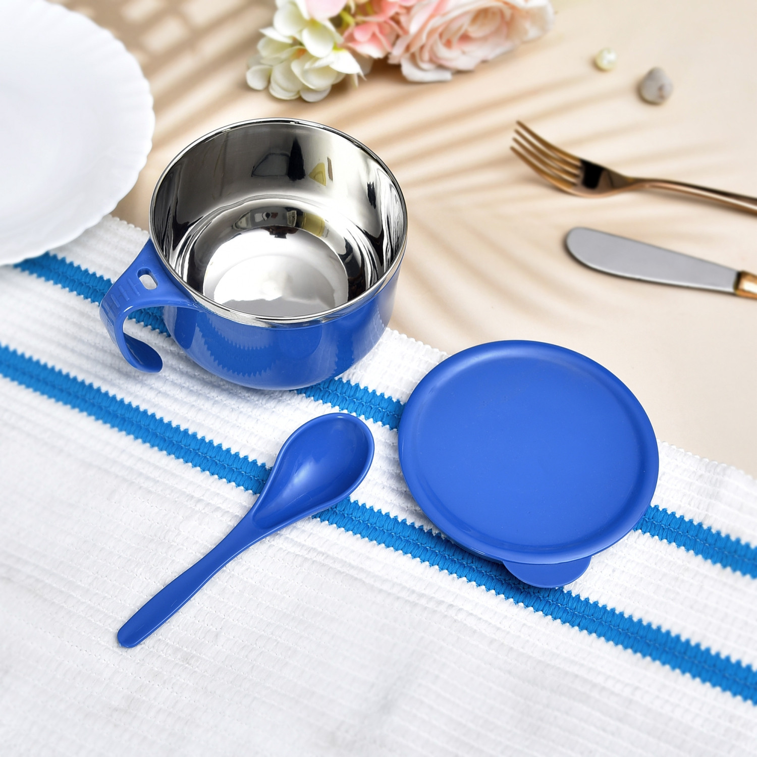Kuber Industries Noodle & Soup Bowl Set | Steel Noodle Bowl with Spoon | Airtight Bowl for Pasta-Rice | Food Container | Office Bowl | Kitchen Bowl Set | 600 ML | Blue