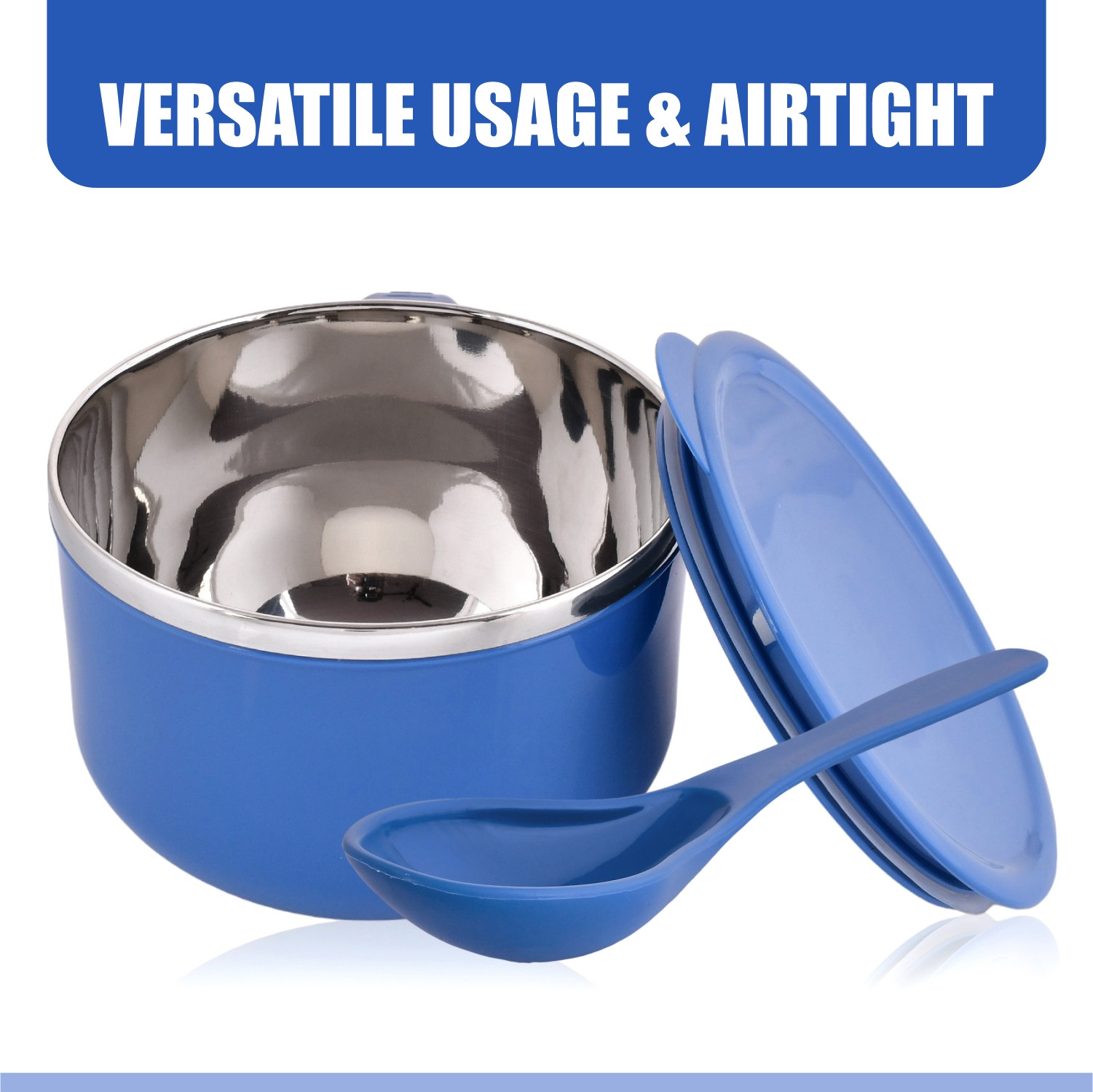 Kuber Industries Noodle & Soup Bowl Set | Steel Noodle Bowl with Spoon | Airtight Bowl for Pasta-Rice | Food Container | Office Bowl | Kitchen Bowl Set | 600 ML | Blue