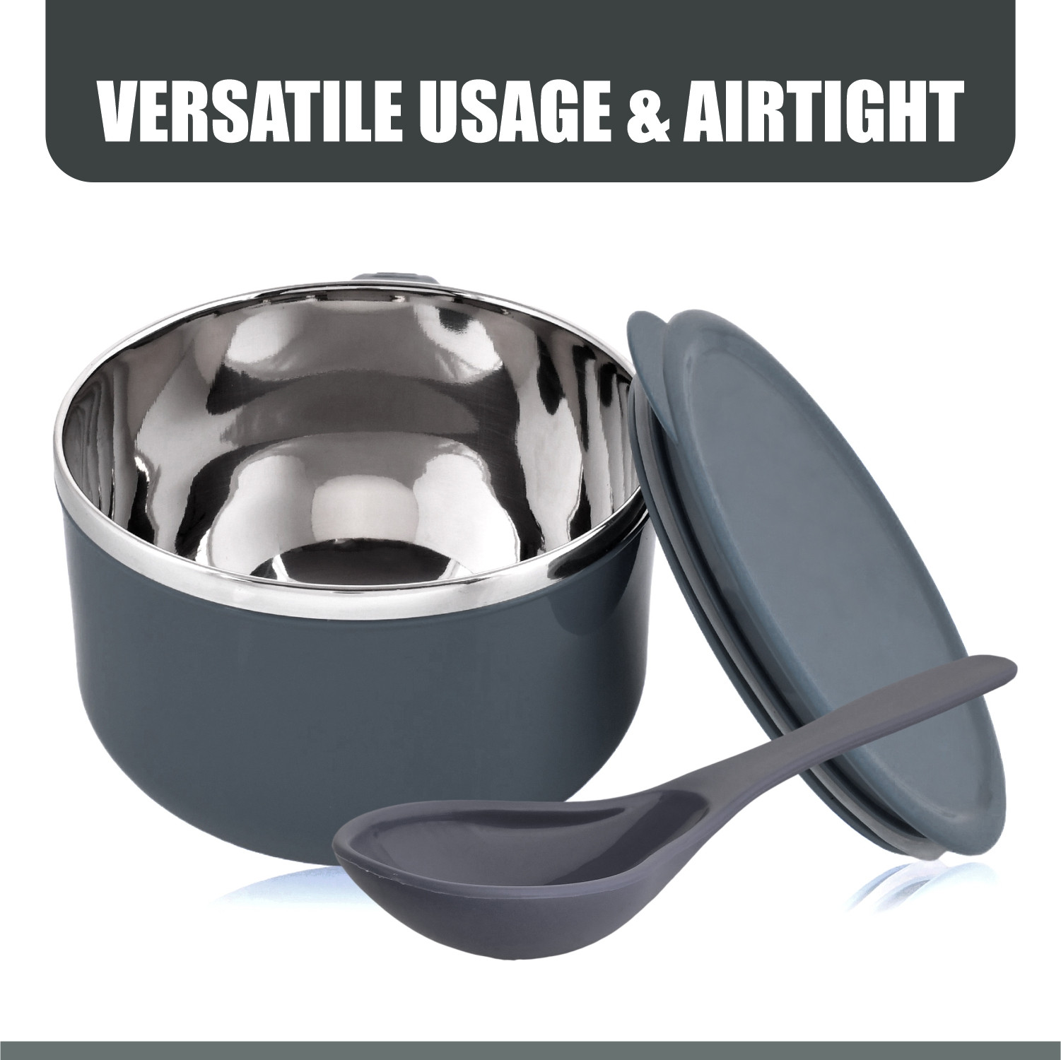 Kuber Industries Noodle & Soup Bowl Set | Steel Noodle Bowl with Spoon | Airtight Bowl for Pasta-Rice | Food Container | Office Bowl | Kitchen Bowl Set | 600 ML | Gray
