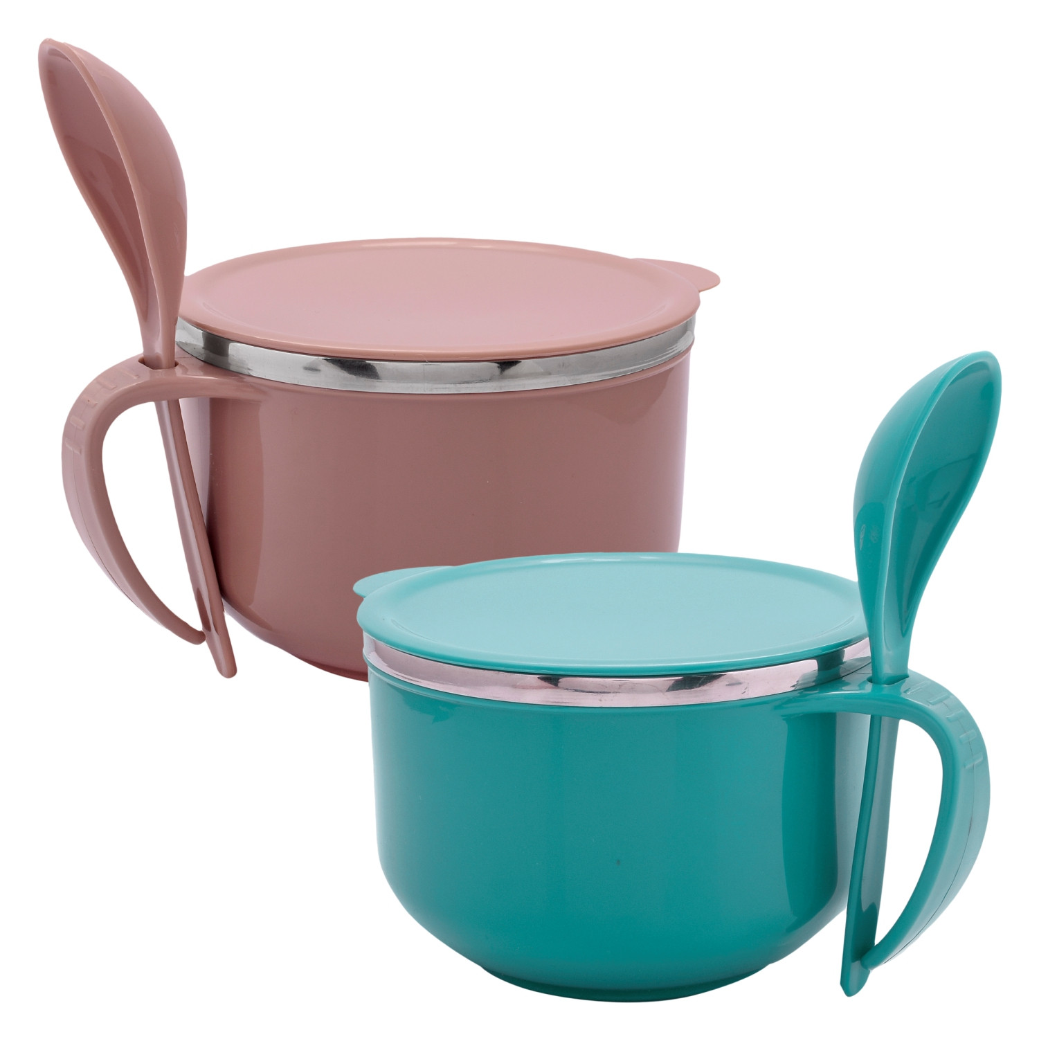 Kuber Industries Noodle & Soup Bowl Set | Steel Noodle Bowl with Spoon | Airtight Bowl for Pasta-Rice | Food Container | Office Bowl | Kitchen Bowl Set | 600 ML | Pack of 2 | Multicolor