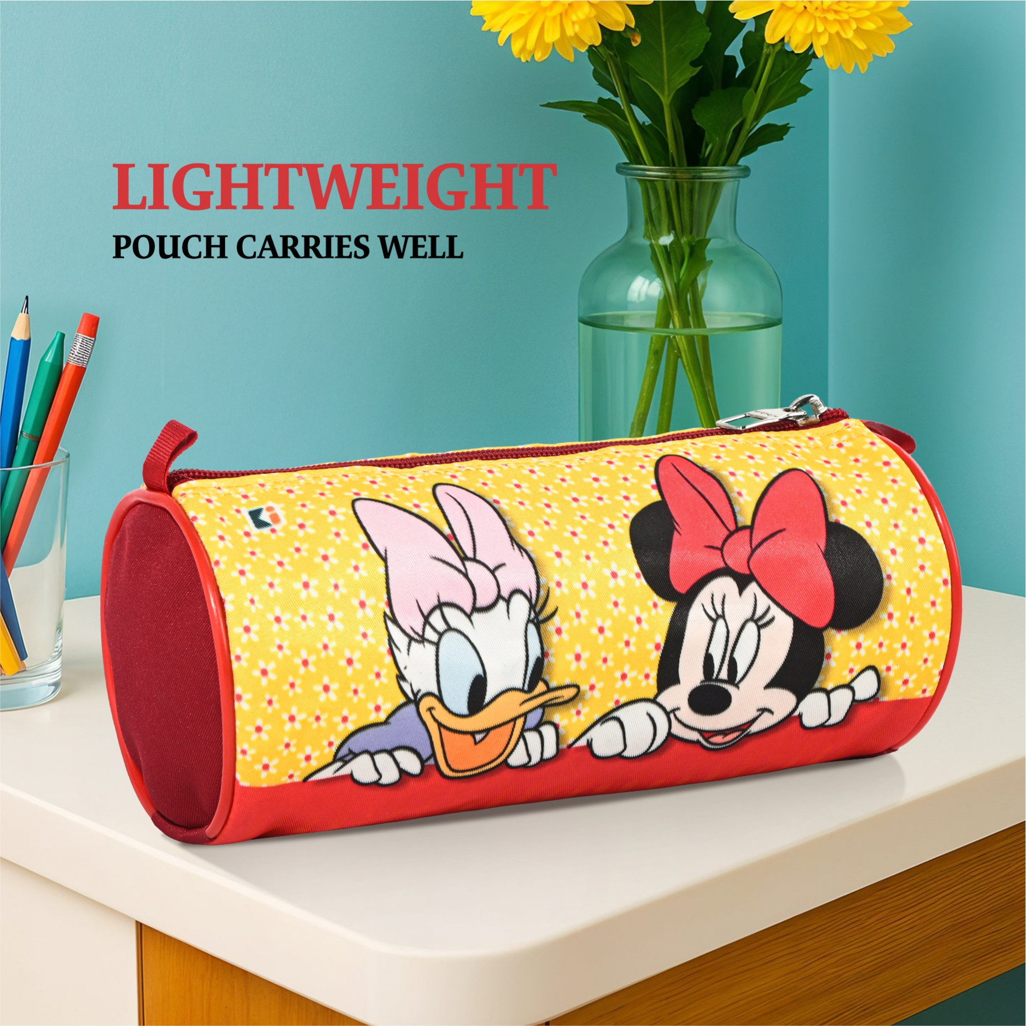 Kuber Industries Nylon Large Pen Pencil Pouch for Kids with Zip  Portable  Multipurpose Stationery Holder Organizer for School College  Office  Dots Mickey Print - Yellow