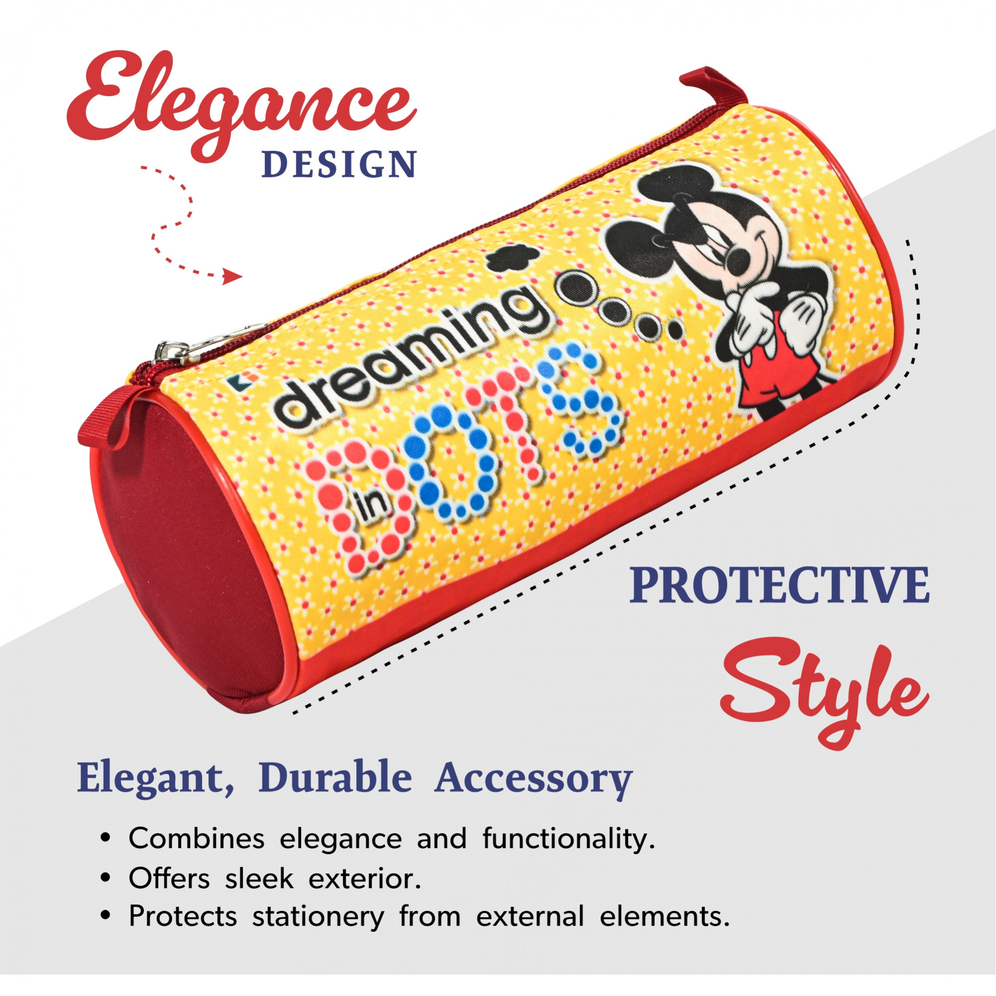 Kuber Industries Nylon Large Pen Pencil Pouch for Kids with Zip  Portable  Multipurpose Stationery Holder Organizer for School College  Office  Dots Mickey Print - Yellow