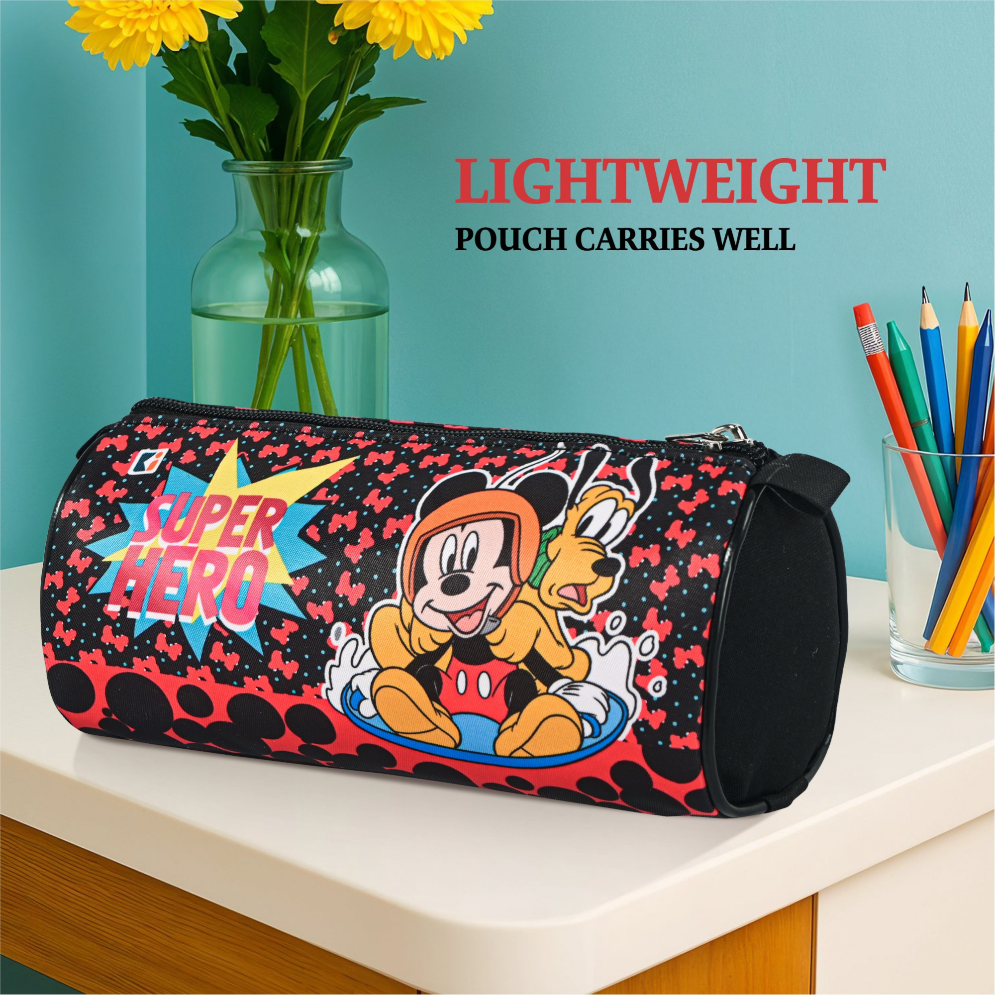 Kuber Industries Nylon Large Pen Pencil Pouch for Kids with Zip  Portable  Multipurpose Stationery Holder Organizer for School College  Office  Mickey Print - Black