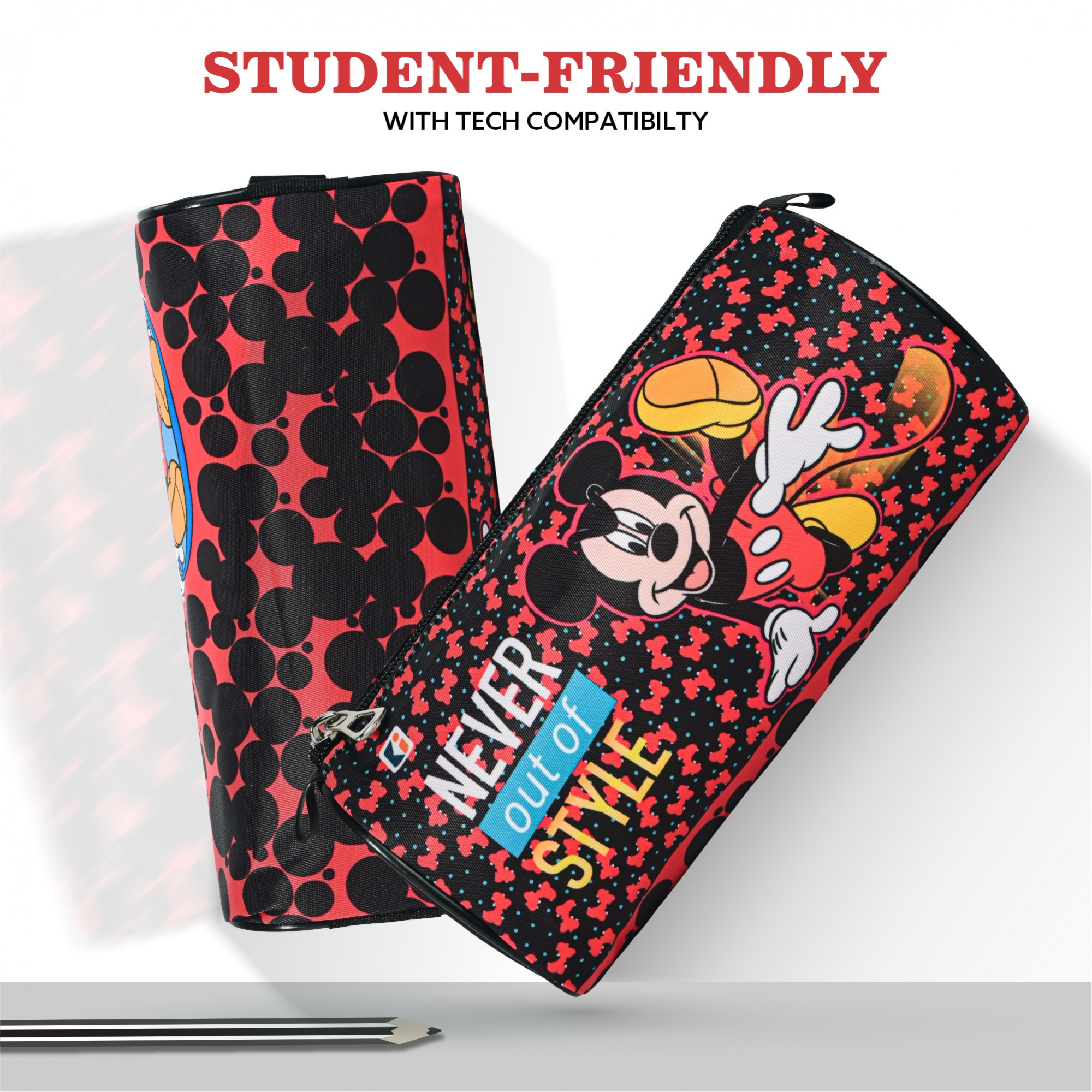 Kuber Industries Nylon Large Pen Pencil Pouch for Kids with Zip  Portable  Multipurpose Stationery Holder Organizer for School College  Office  Mickey Print - Black