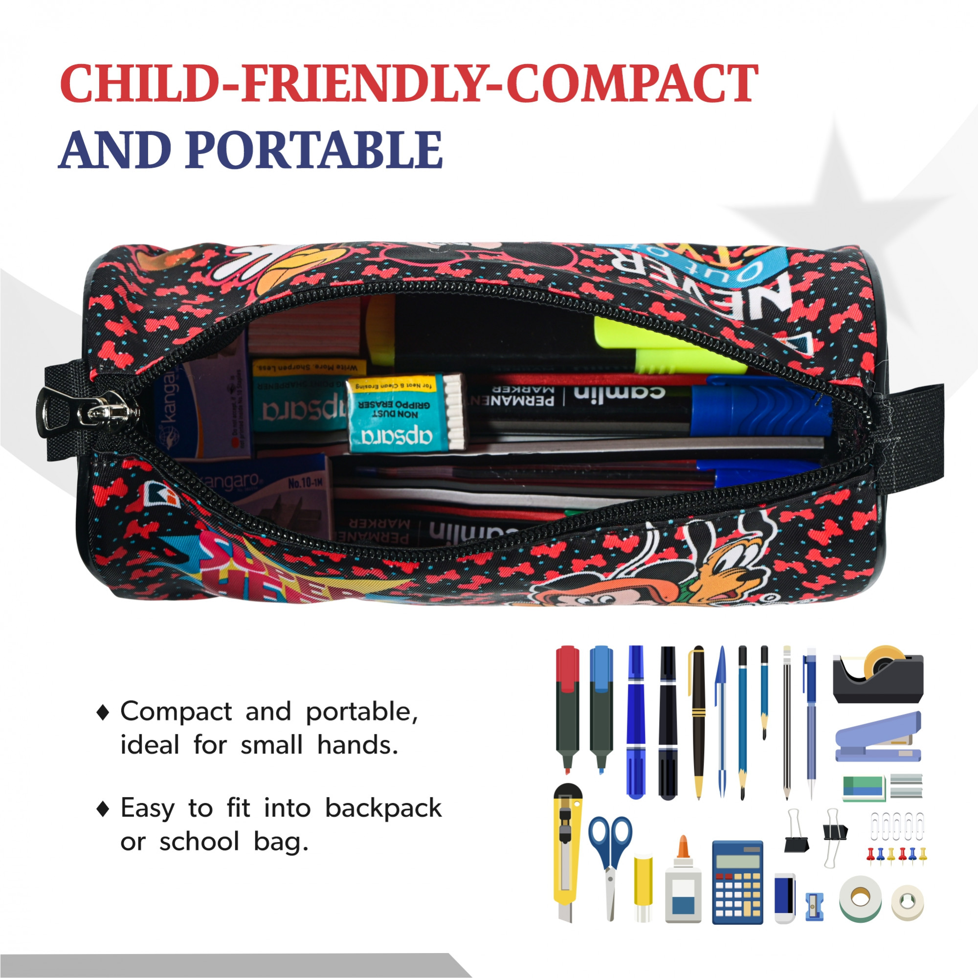 Kuber Industries Nylon Large Pen Pencil Pouch for Kids with Zip  Portable  Multipurpose Stationery Holder Organizer for School College  Office  Mickey Print - Black