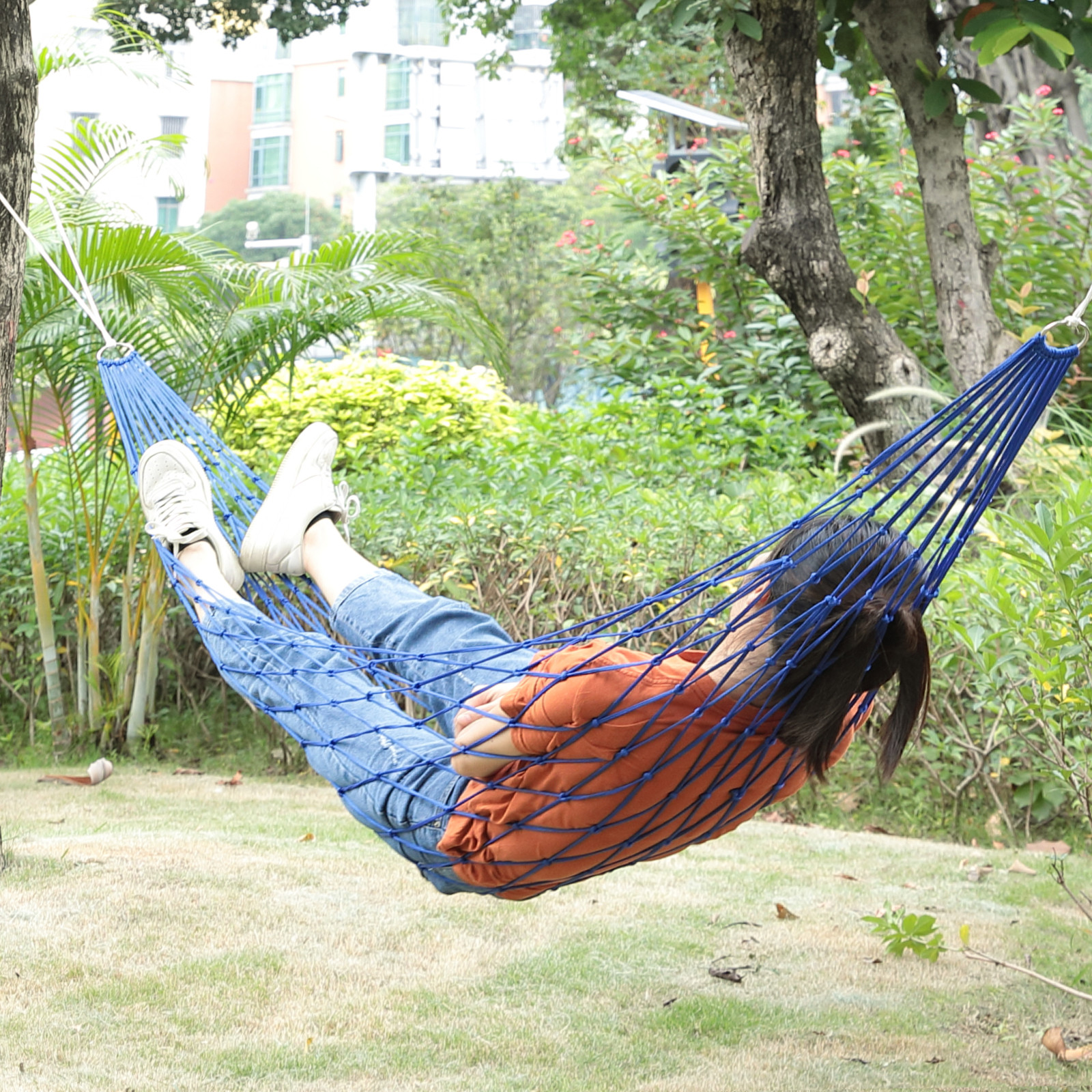 Kuber Industries Nylon Rope Travel Hammock Garden Hammock Swing For Adults 100 KG Load Bearing Capicity Including 2 Rope 1 Bag Blue