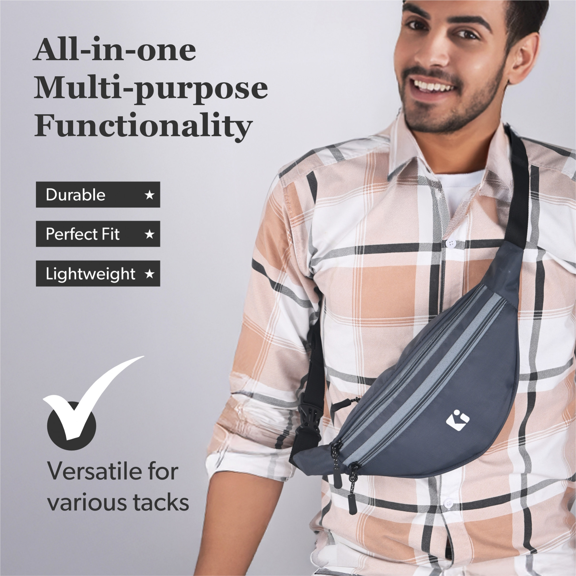 Kuber Industries Nylon Waist Bag with Zip  Adjustable Strap  Fanny Pack for Hiking Travel Camping Running and Sports Hip Pouch and Chest Bags for Men  Women - Grey