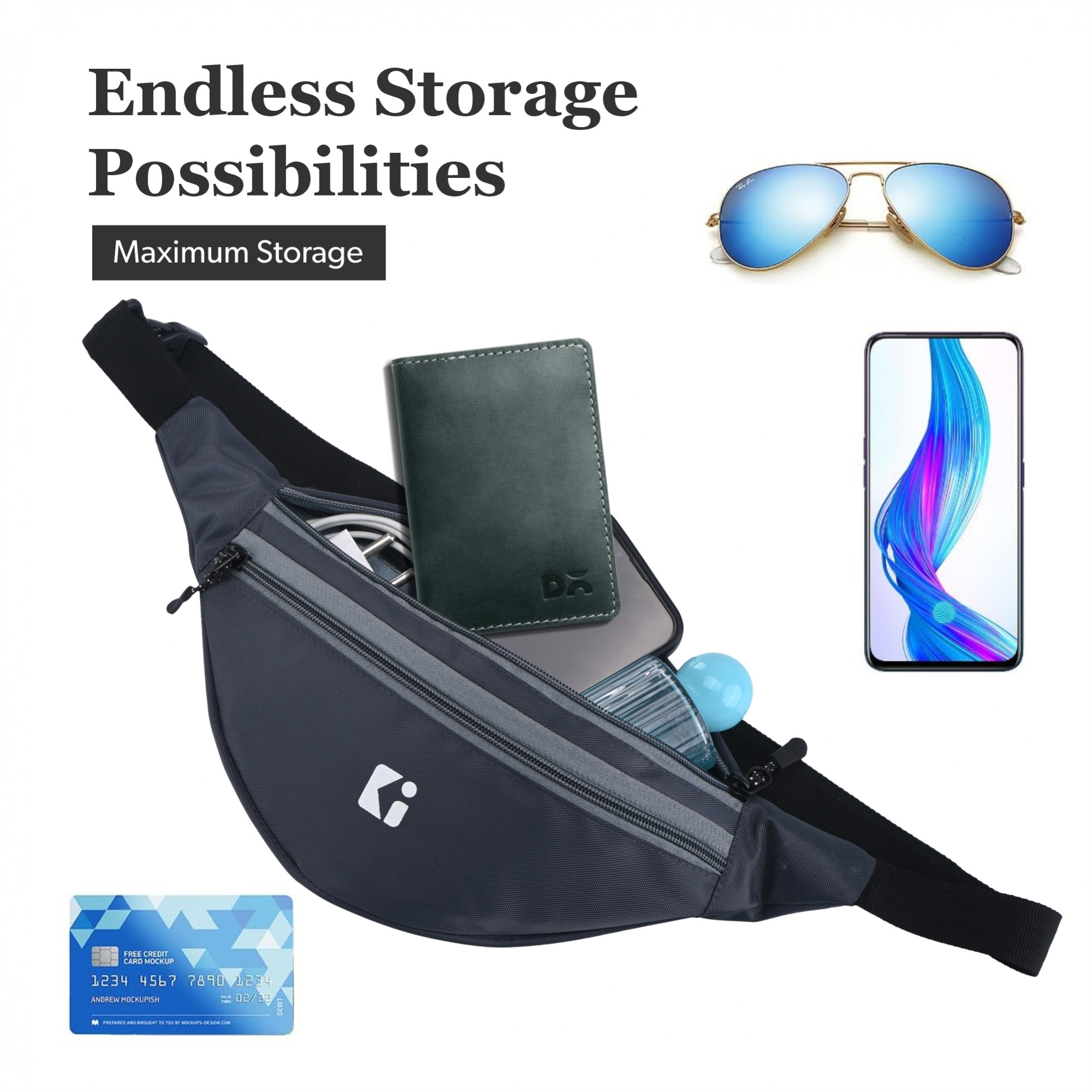 Kuber Industries Nylon Waist Bag with Zip  Adjustable Strap  Fanny Pack for Hiking Travel Camping Running and Sports Hip Pouch and Chest Bags for Men  Women - Grey