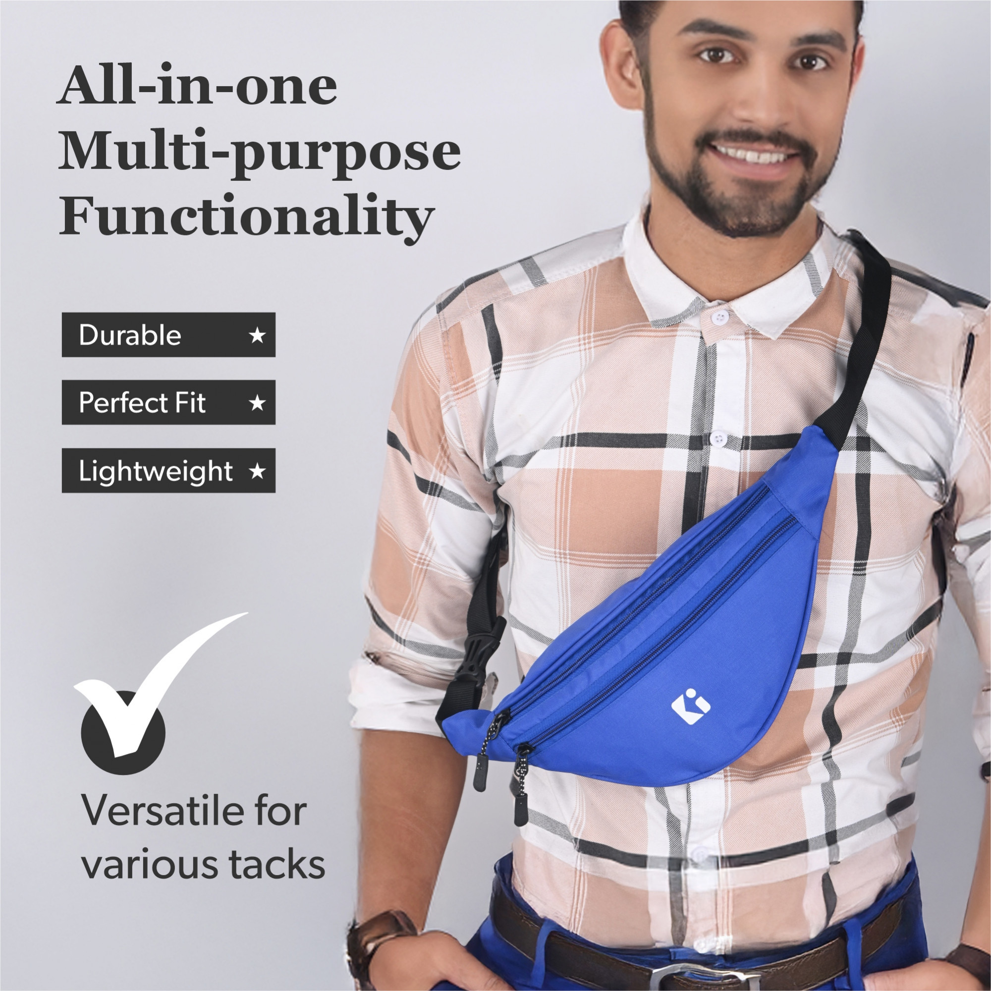 Kuber Industries Nylon Waist Bag with Zip  Adjustable Strap  Fanny Pack for Hiking Travel Camping Running and Sports Hip Pouch and Chest Bags for Men  Women - Blue