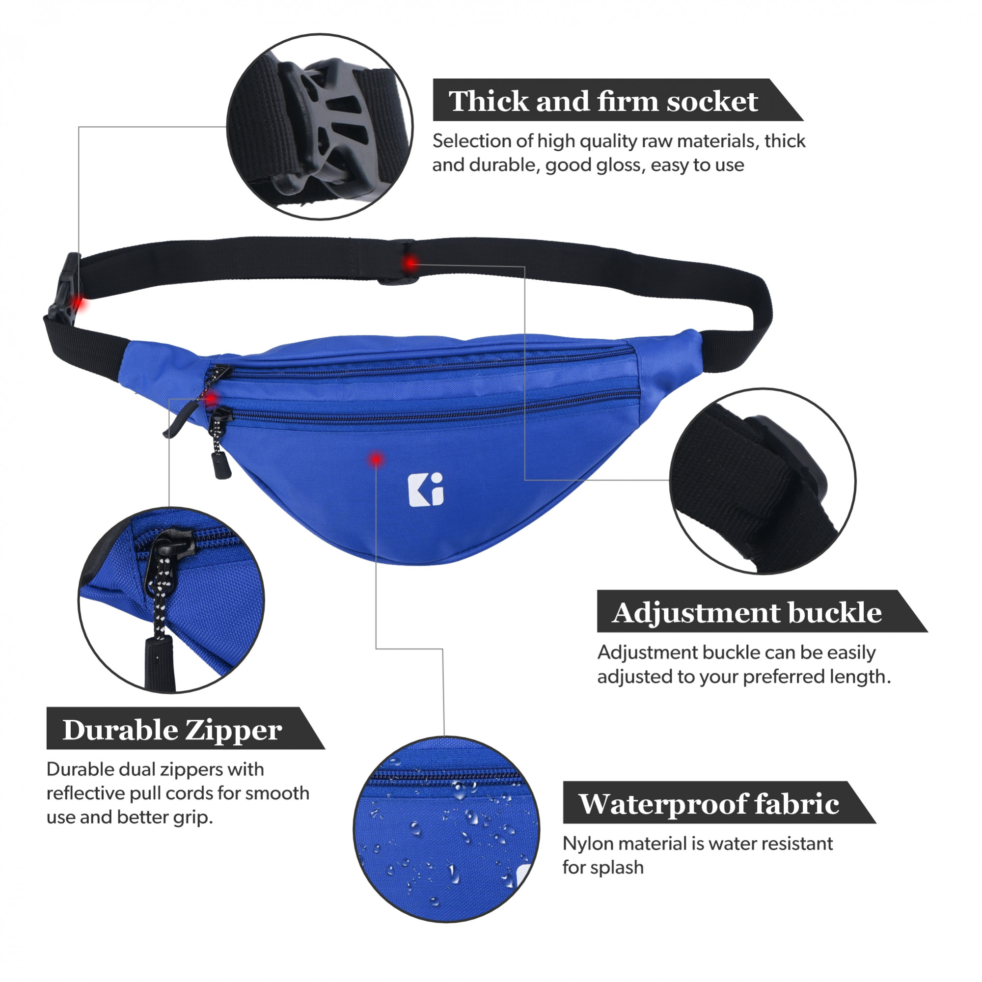 Kuber Industries Nylon Waist Bag with Zip  Adjustable Strap  Fanny Pack for Hiking Travel Camping Running and Sports Hip Pouch and Chest Bags for Men  Women - Blue
