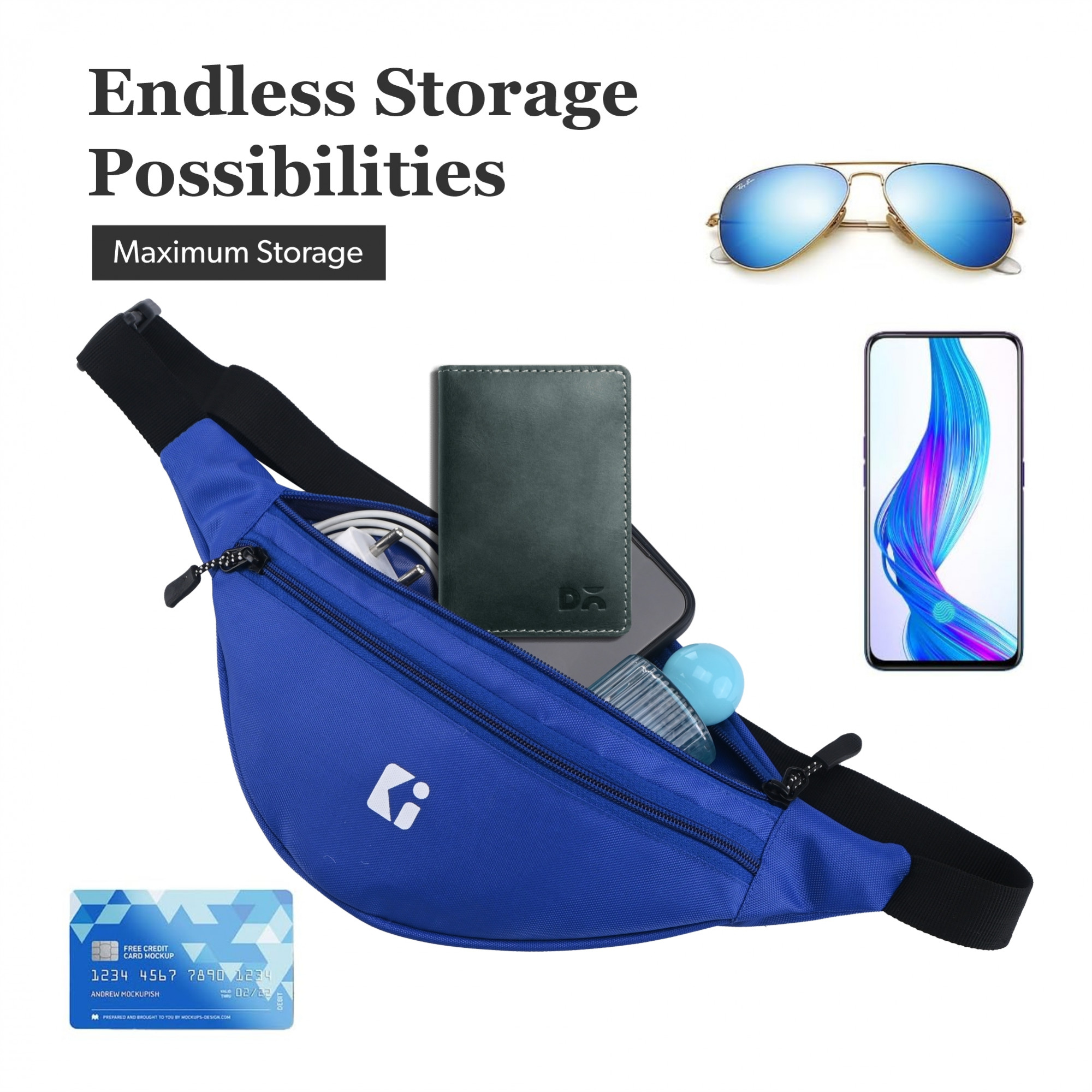 Kuber Industries Nylon Waist Bag with Zip  Adjustable Strap  Fanny Pack for Hiking Travel Camping Running and Sports Hip Pouch and Chest Bags for Men  Women - Blue