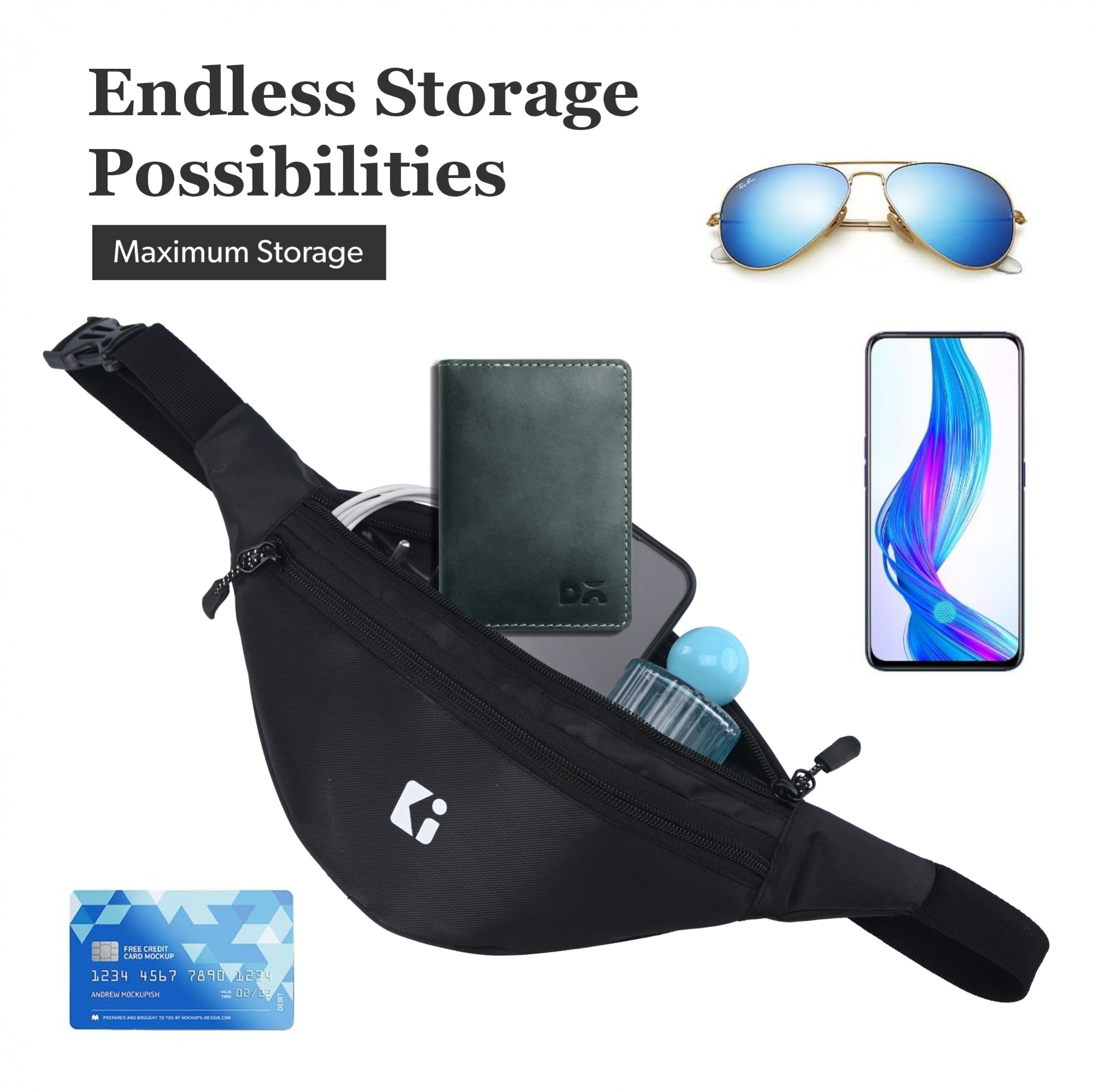 Kuber Industries Nylon Waist Bag with Zip  Adjustable Strap  Fanny Pack for Hiking Travel Camping Running and Sports Hip Pouch and Chest Bags for Men  Women - Black