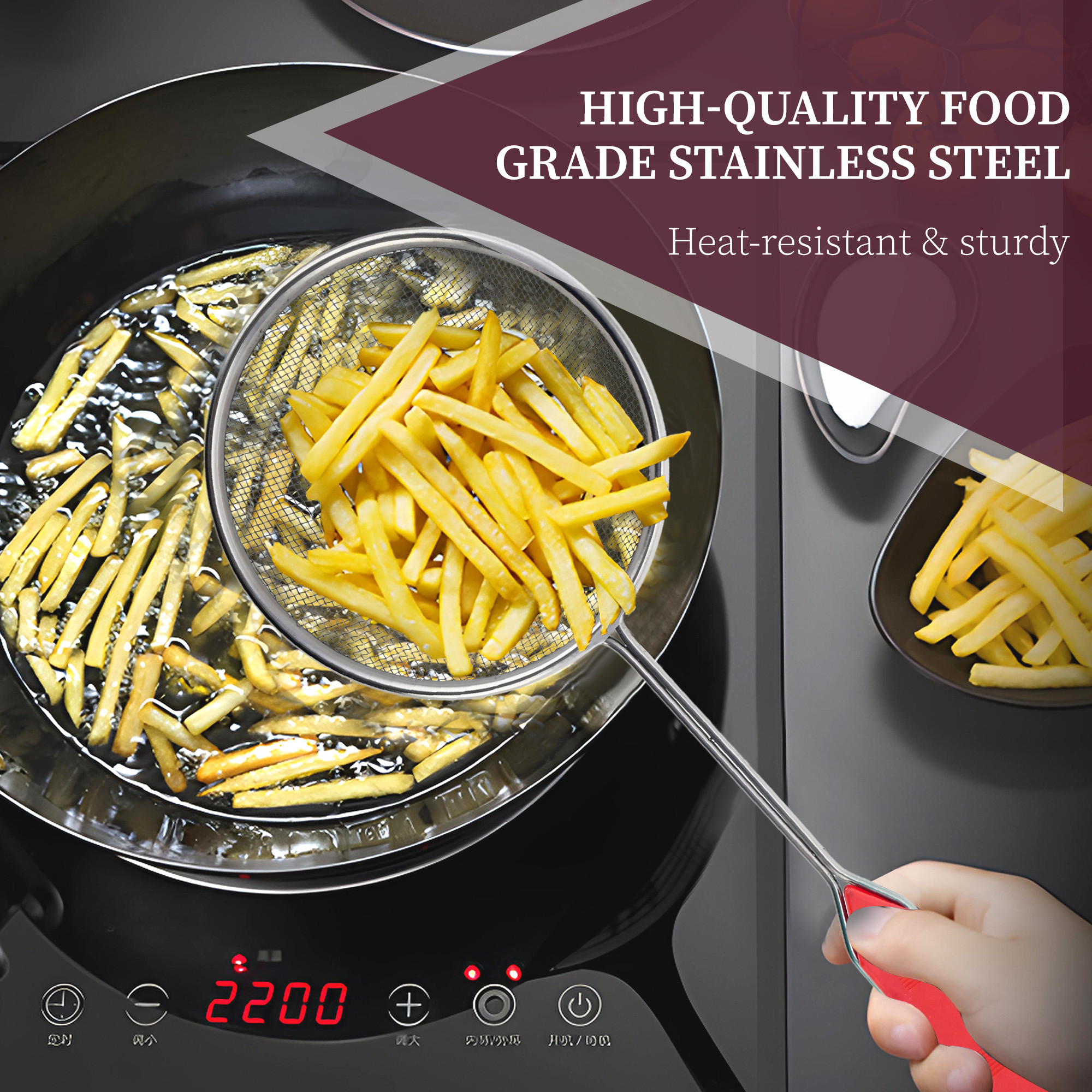 Kuber Industries Oil Frying Strainer Stainless Steel  Mesh Poori Strainer for Kitchen  Jhara for Draining Cooking and Frying Food Efficiently  Silver