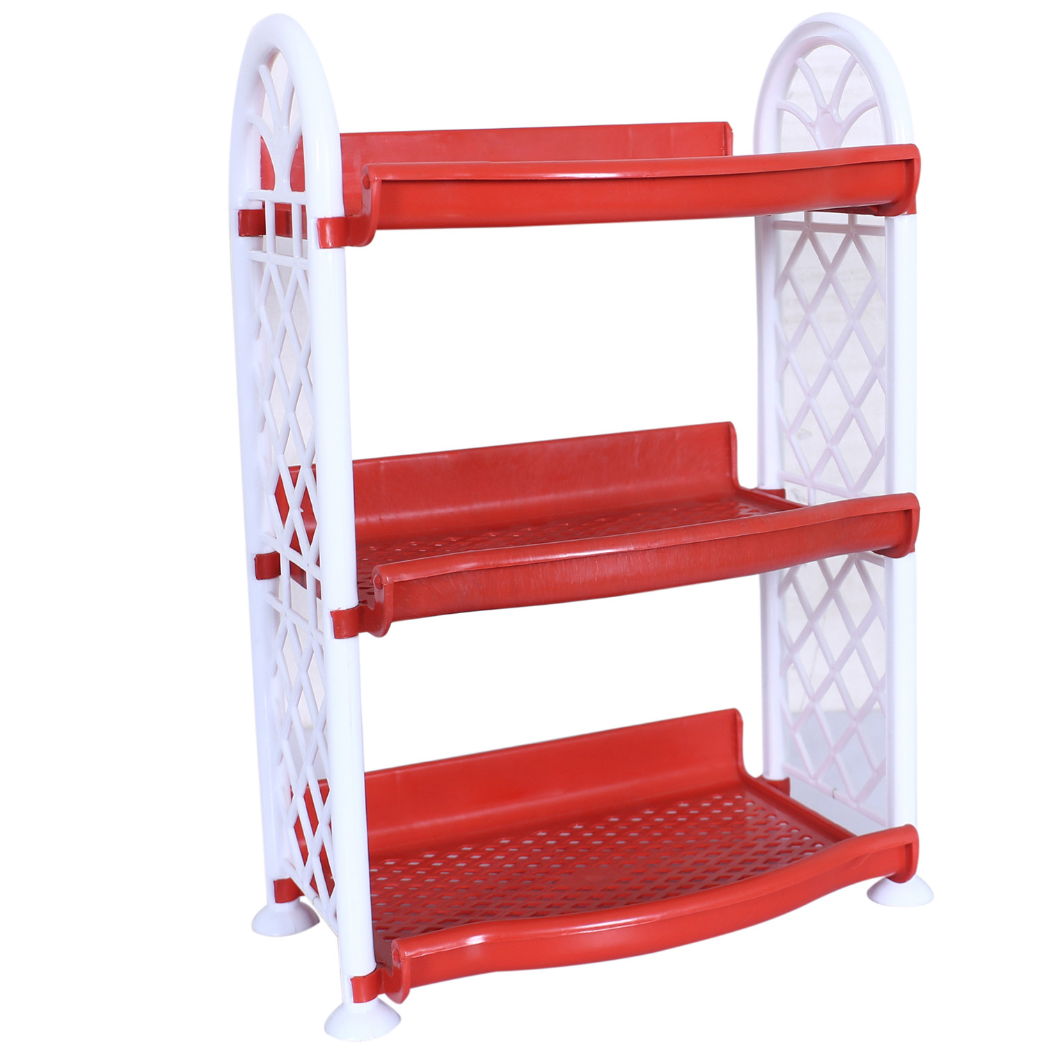 Kuber Industries Organising Rack|Unbreakable Plastic 3 Shelves Kitchen Storage Stand|Durable Wall Mounted Jar Kitchen Utensils Organizer (Red)