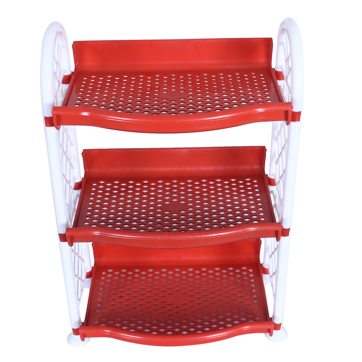 Kuber Industries Organising Rack|Unbreakable Plastic 3 Shelves Kitchen Storage Stand|Durable Wall Mounted Jar Kitchen Utensils Organizer (Red)