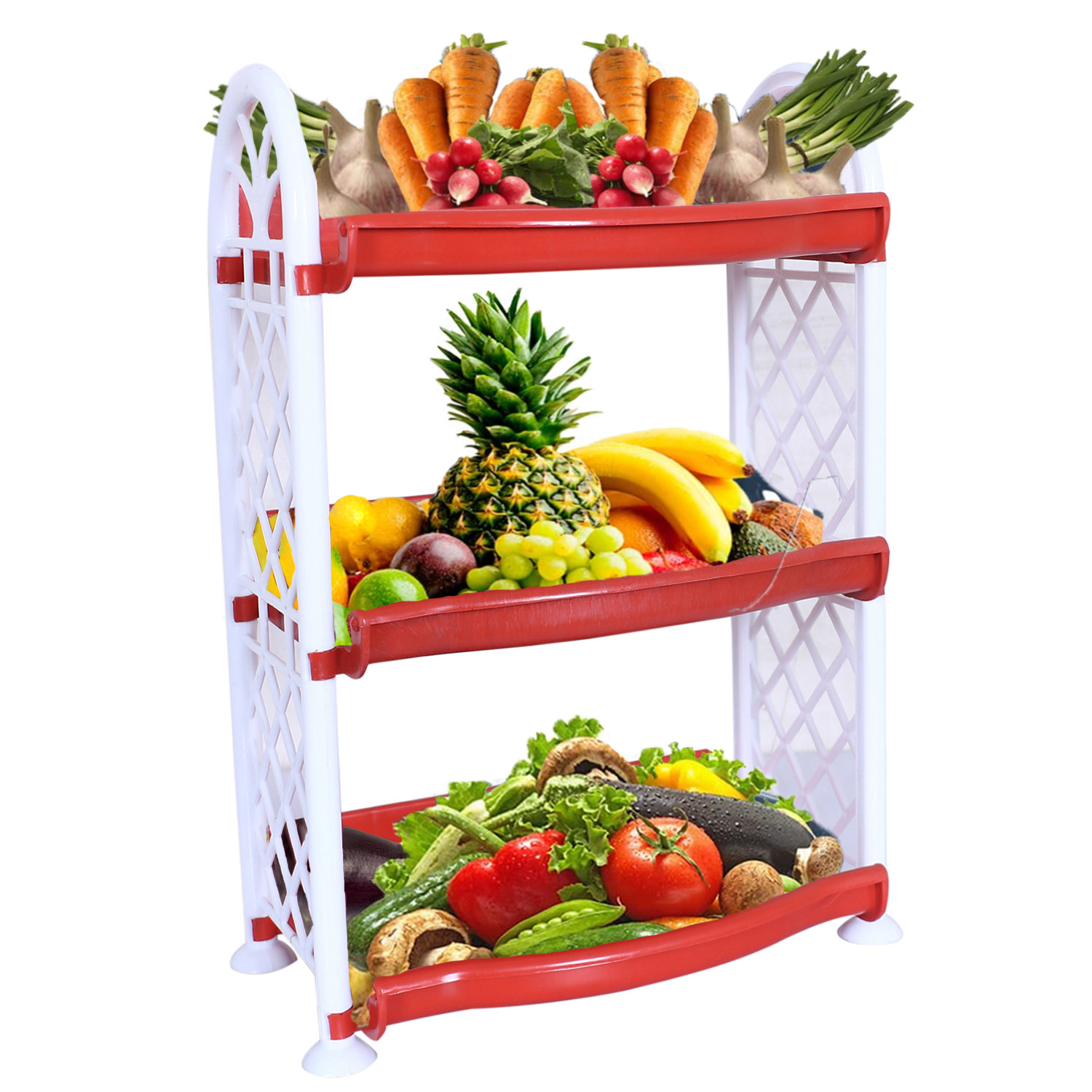 Kuber Industries Organising Rack|Unbreakable Plastic 3 Shelves Kitchen Storage Stand|Durable Wall Mounted Jar Kitchen Utensils Organizer (Red)