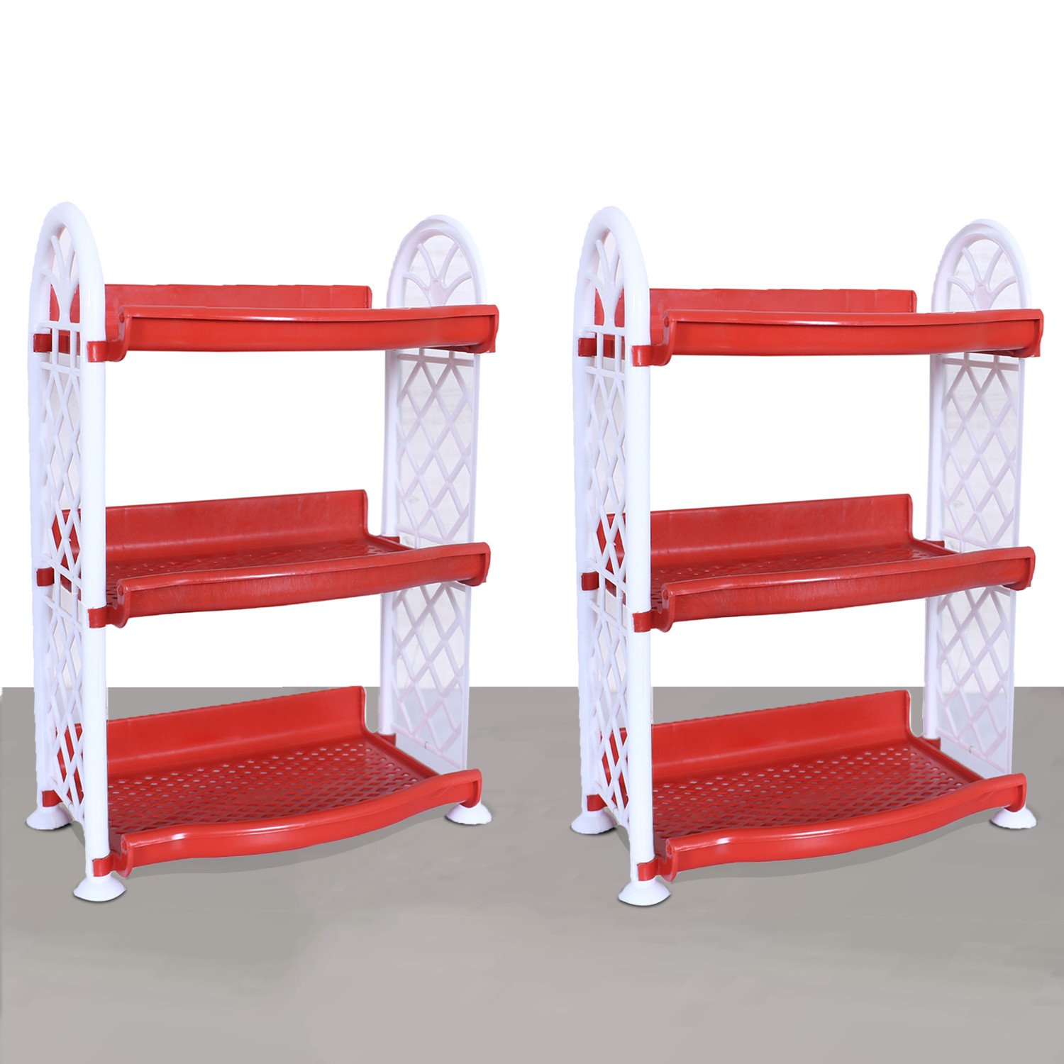Kuber Industries Organising Rack|Unbreakable Plastic 3 Shelves Kitchen Storage Stand|Durable Wall Mounted Jar Kitchen Utensils Organizer (Red)