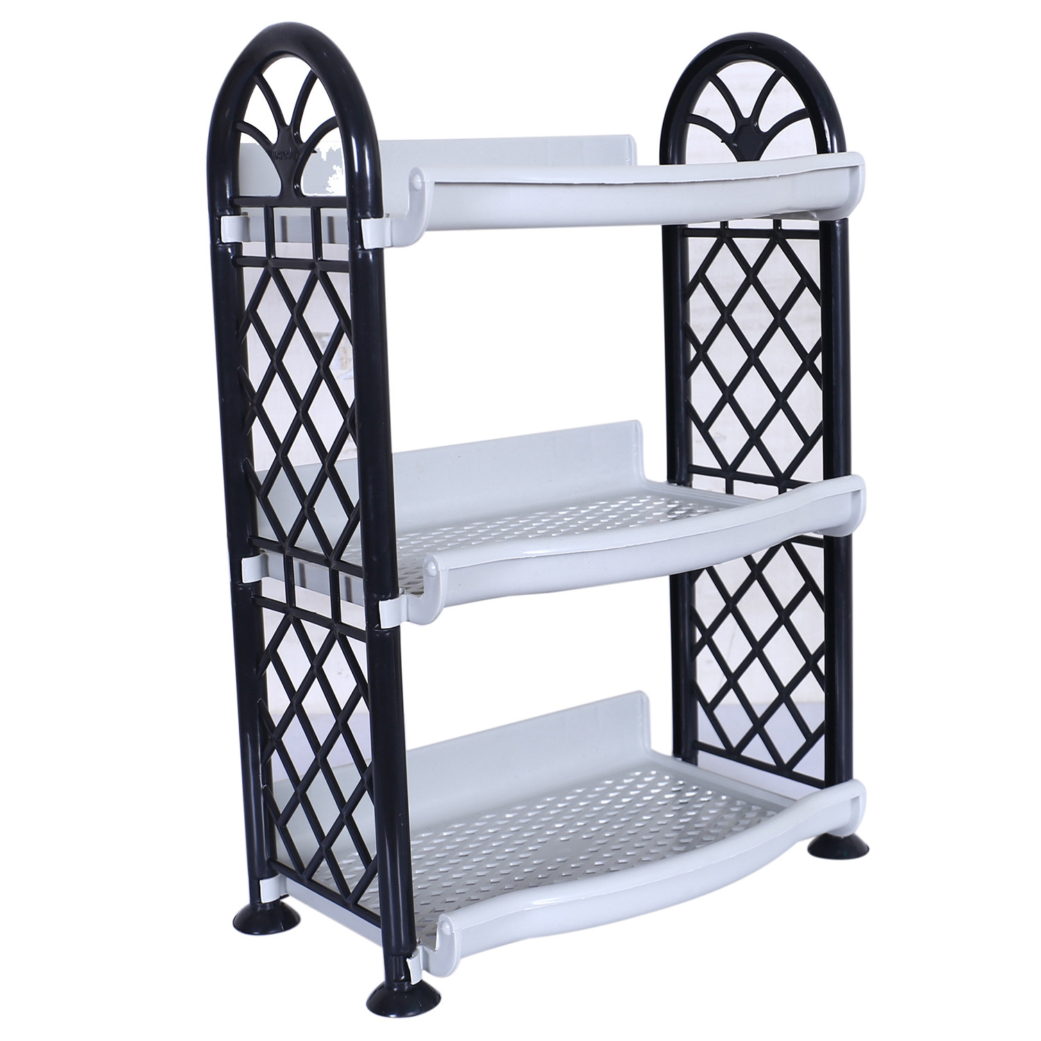 Kuber Industries Organising Rack|Unbreakable Plastic 3 Shelves Kitchen Storage Stand|Durable Wall Mounted Jar Kitchen Utensils Organizer (Gray)