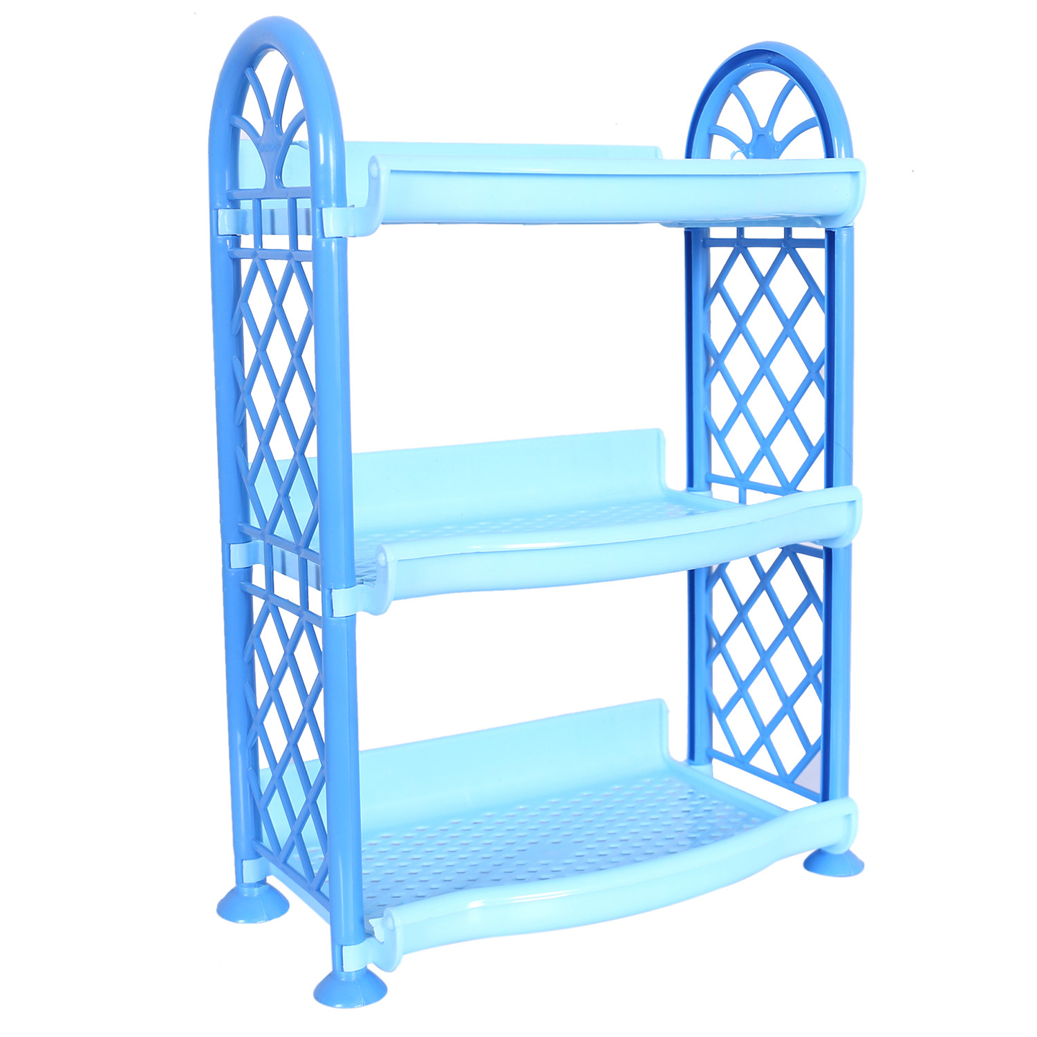 Kuber Industries Organising Rack|Unbreakable Plastic 3 Shelves Kitchen Storage Stand|Durable Wall Mounted Jar Kitchen Utensils Organizer (Blue)
