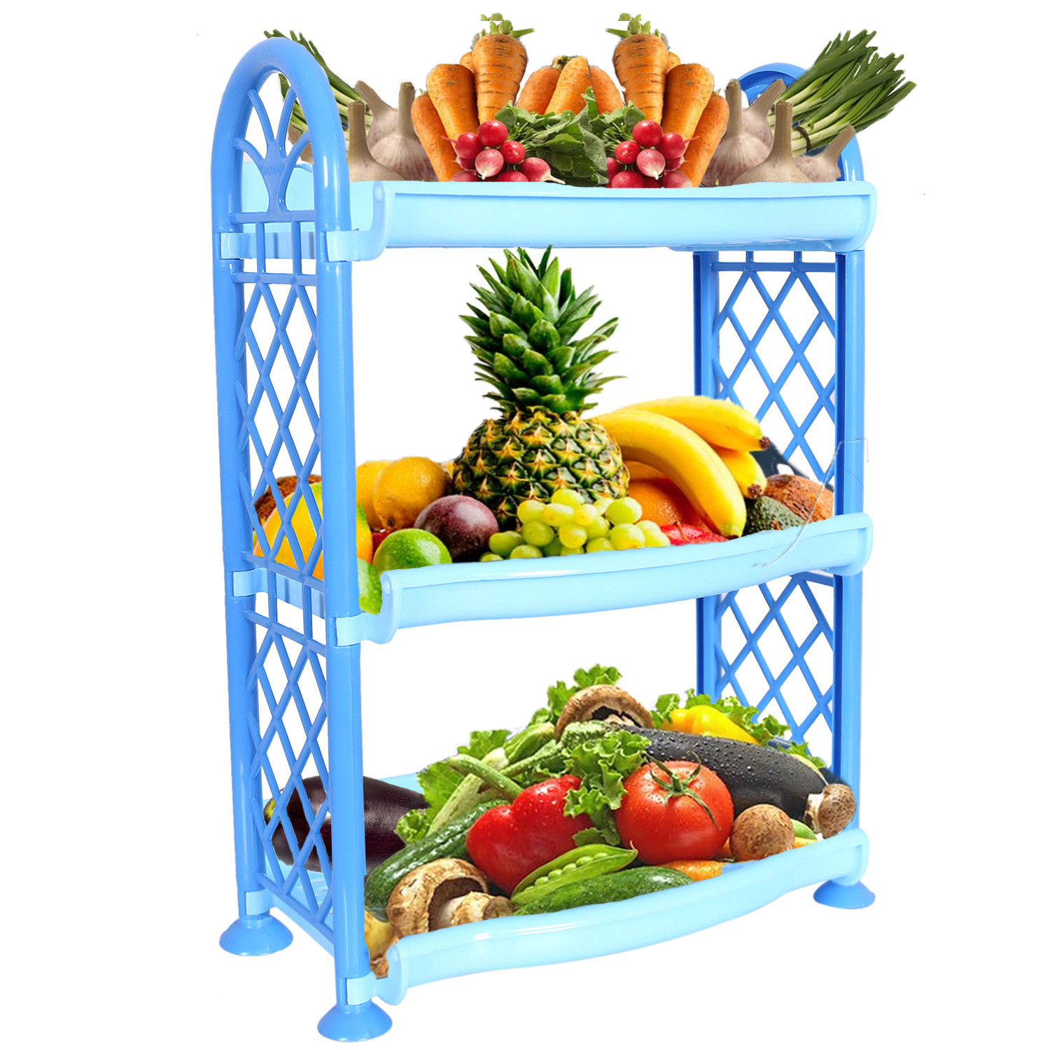 Kuber Industries Organising Rack|Unbreakable Plastic 3 Shelves Kitchen Storage Stand|Durable Wall Mounted Jar Kitchen Utensils Organizer (Blue)