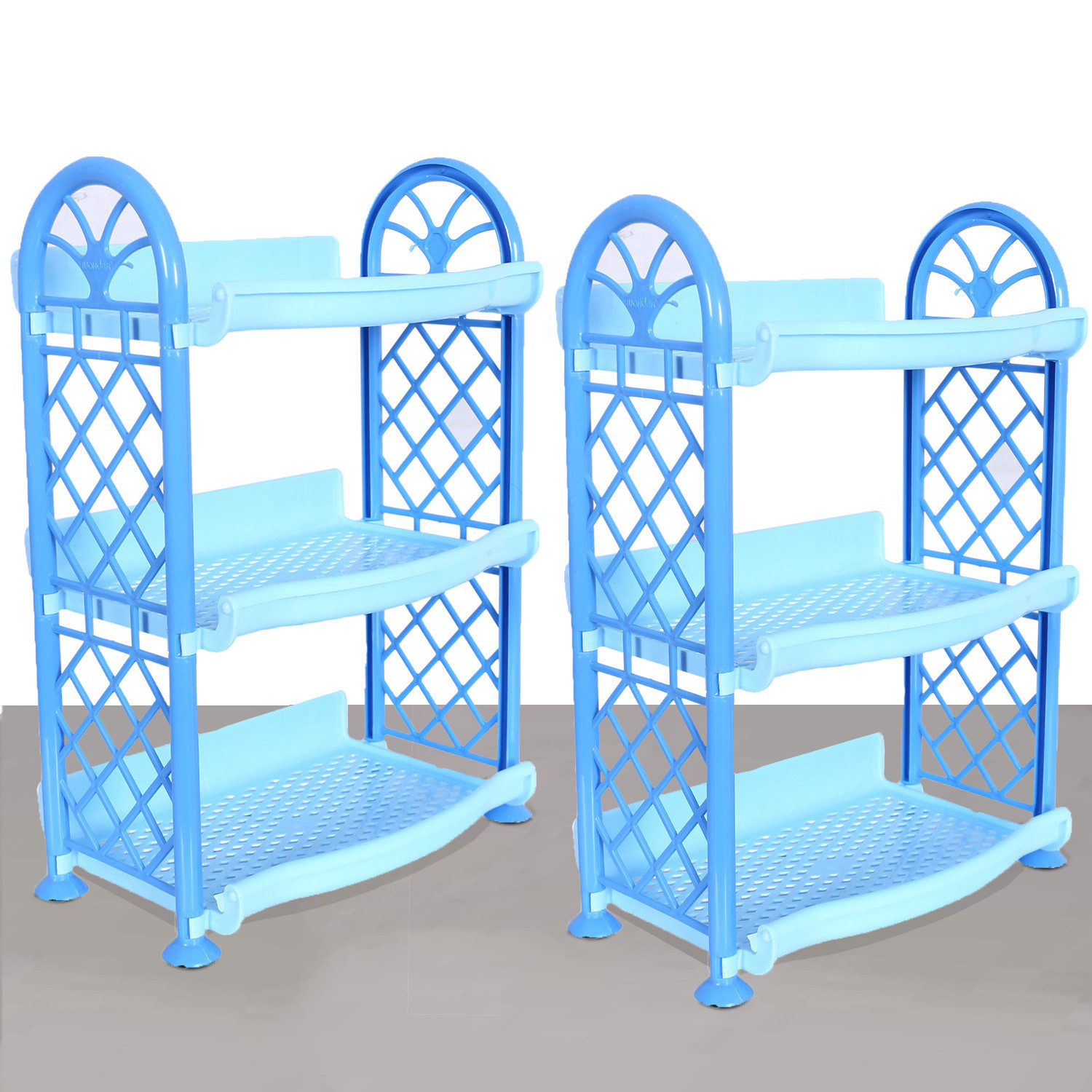 Kuber Industries Organising Rack|Unbreakable Plastic 3 Shelves Kitchen Storage Stand|Durable Wall Mounted Jar Kitchen Utensils Organizer (Blue)