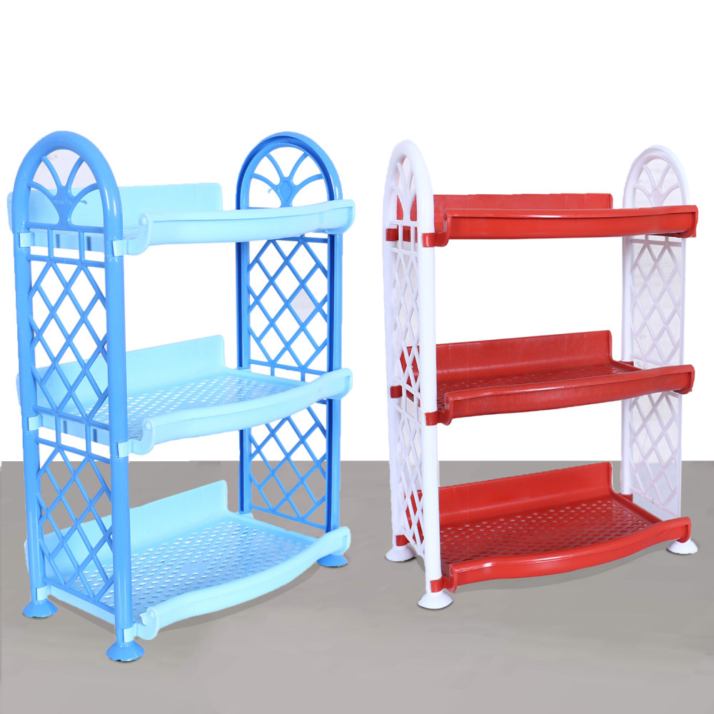 Kuber Industries Organising Rack|Unbreakable Plastic 3 Shelves Kitchen Storage Stand|Durable Wall Mounted Jar Kitchen Utensils Organizer,Pack of 2 (Red &amp; Blue)