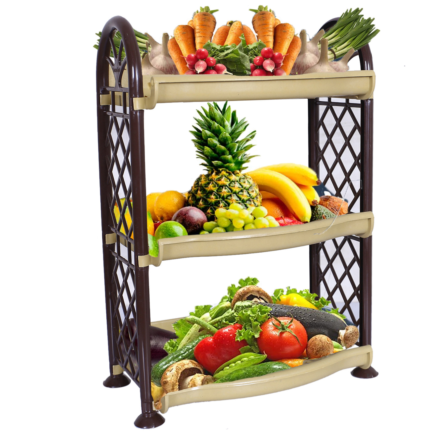 Kuber Industries Organising Rack|Unbreakable Plastic 3 Shelves Kitchen Storage Stand|Durable Wall Mounted Jar Kitchen Utensils Organizer,Pack of 2 (Gray & Yellow)
