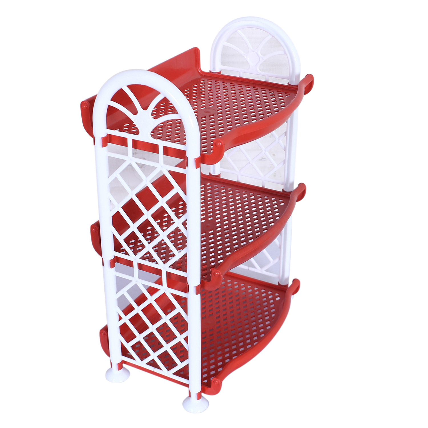 Kuber Industries Organising Rack|Unbreakable Plastic 3 Shelves Kitchen Storage Stand|Durable Wall Mounted Jar Kitchen Utensils Organizer,Pack of 2 (Red & Gray)