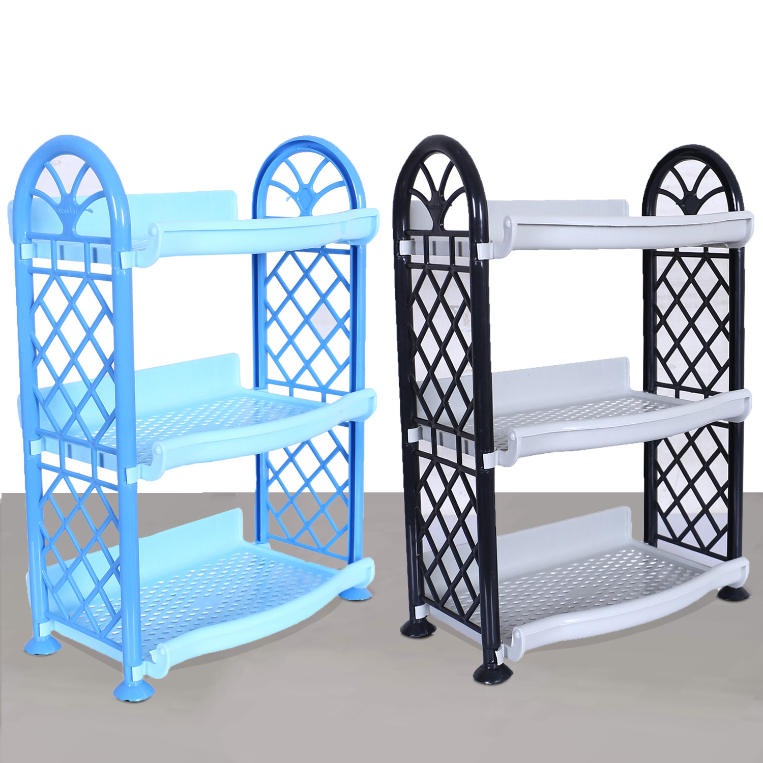 Kuber Industries Organising Rack|Unbreakable Plastic 3 Shelves Kitchen Storage Stand|Durable Wall Mounted Jar Kitchen Utensils Organizer,Pack of 2 (Blue & Gray)