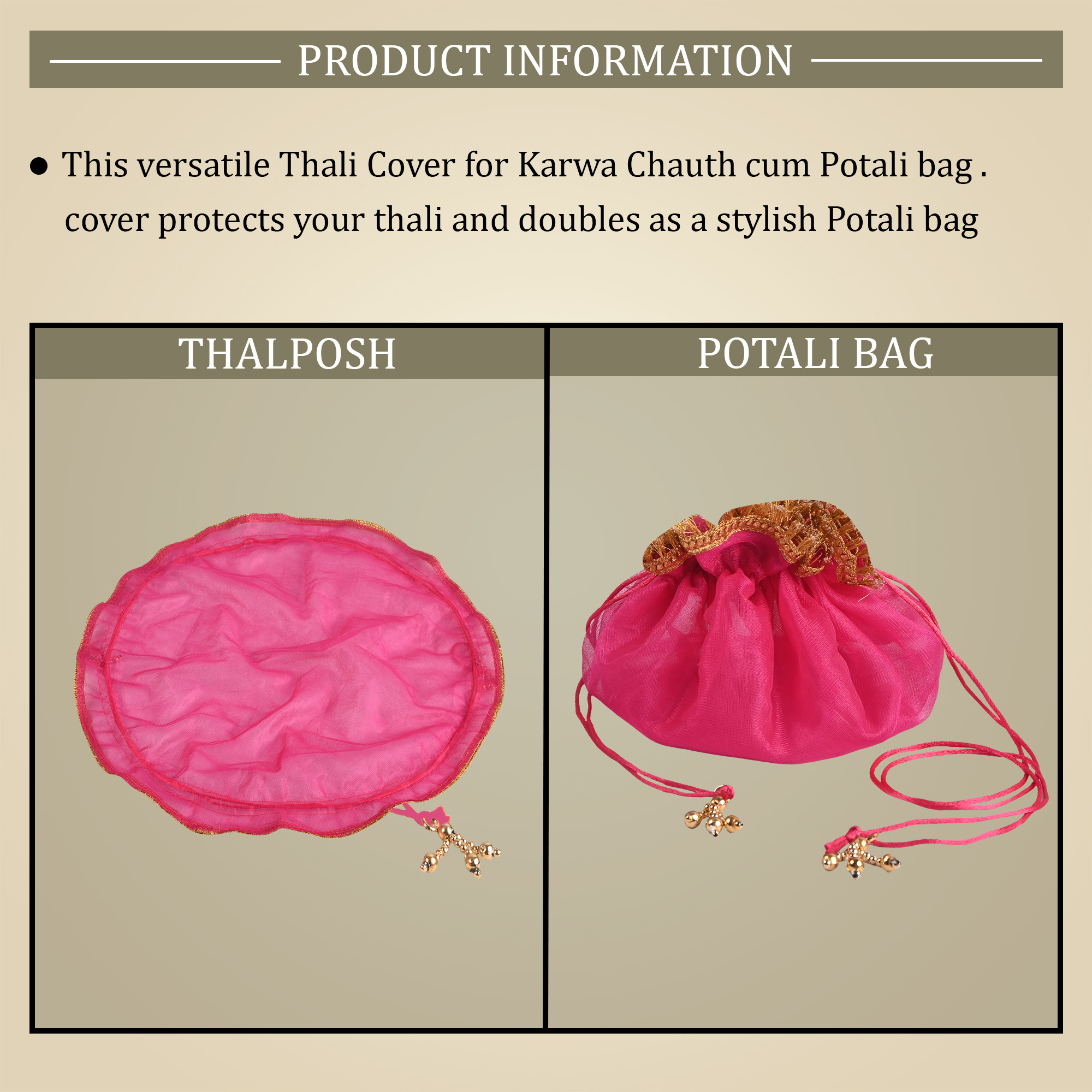 Kuber Industries Organza Double Layer 2 in 1 Shagun Pooja Thalposh Cover Cloth Potli  Wedding Gift Packaging Sagun Potli  Traditional Potli Bag  Thali Cover with Drawstring  Rani