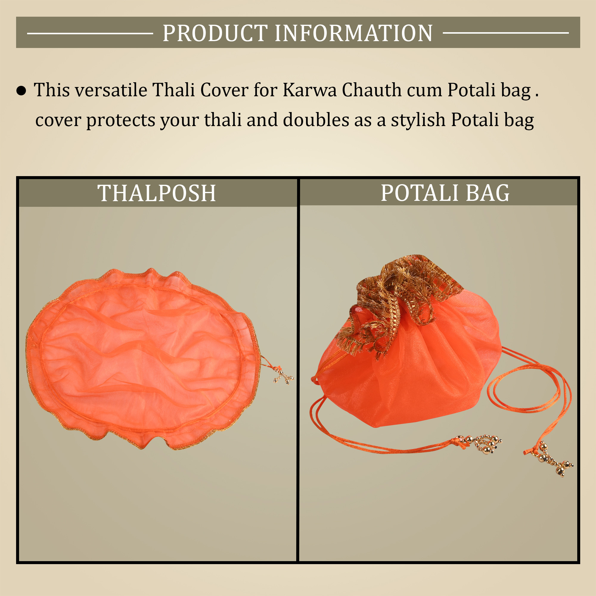 Kuber Industries Organza Double Layer 2 in 1 Shagun Pooja Thalposh Cover Cloth Potli  Wedding Gift Packaging Sagun Potli  Traditional Potli Bag  Thali Cover with Drawstring  Orange
