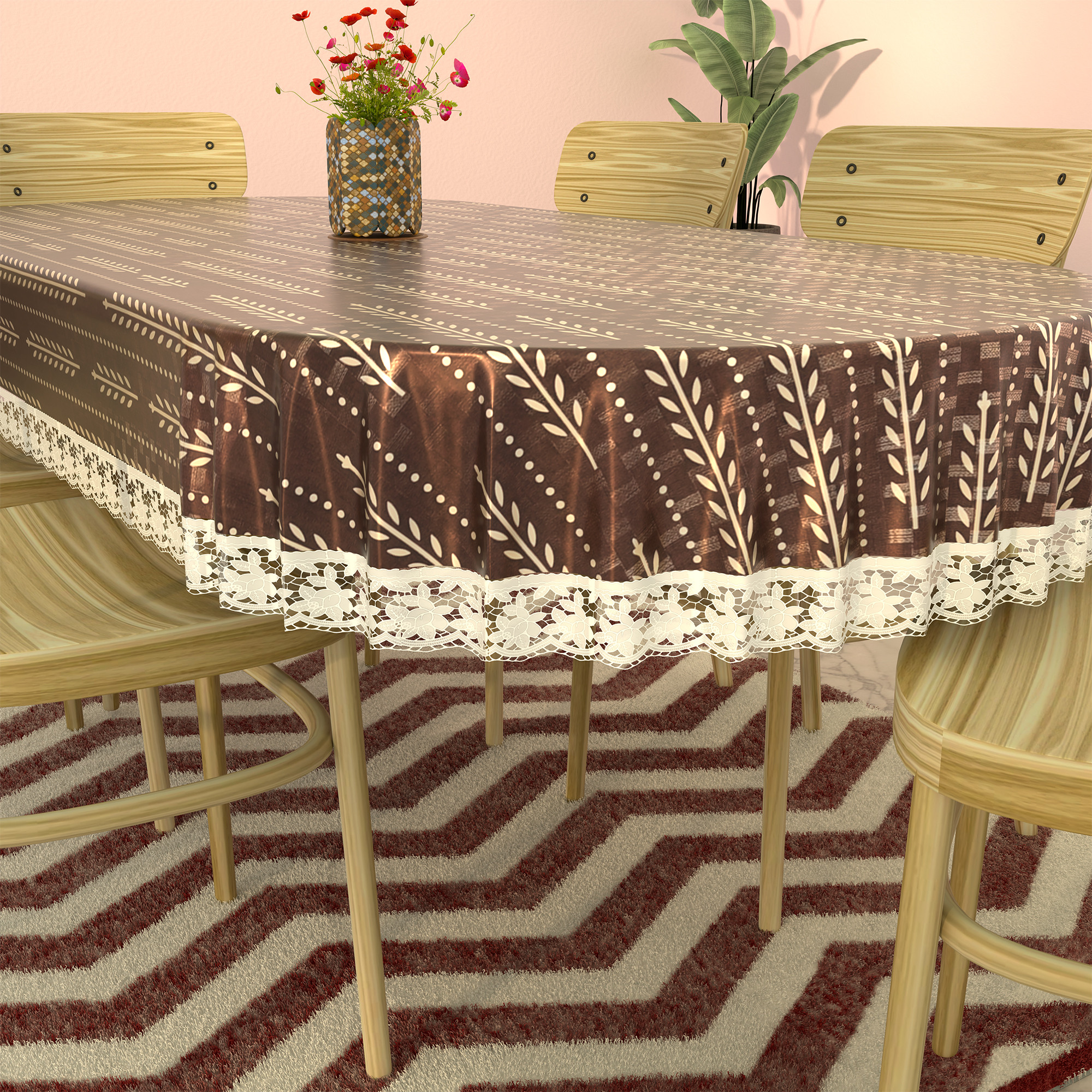 Kuber Industries Oval 60x90 Inches Durable Dining Table Cover 6 Seater for Kitchen  Aesthetic Festive Dinner Table Cover Cloth For Living Room House  Office  Lining Leaf - Cream  Brown