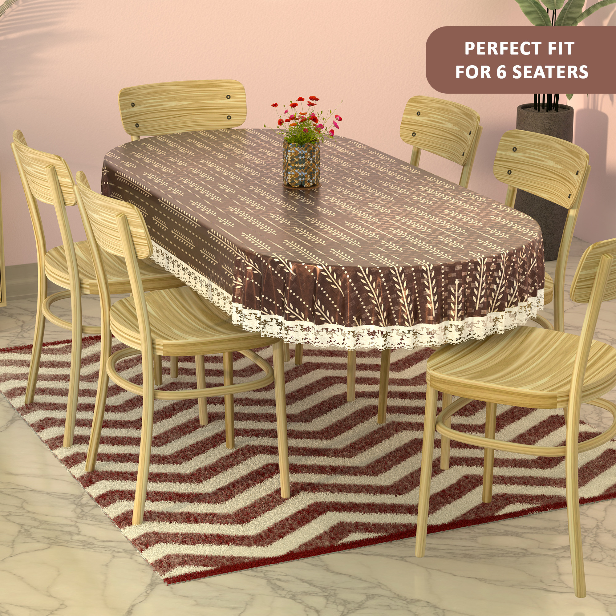 Kuber Industries Oval 60x90 Inches Durable Dining Table Cover 6 Seater for Kitchen  Aesthetic Festive Dinner Table Cover Cloth For Living Room House  Office  Lining Leaf - Cream  Brown