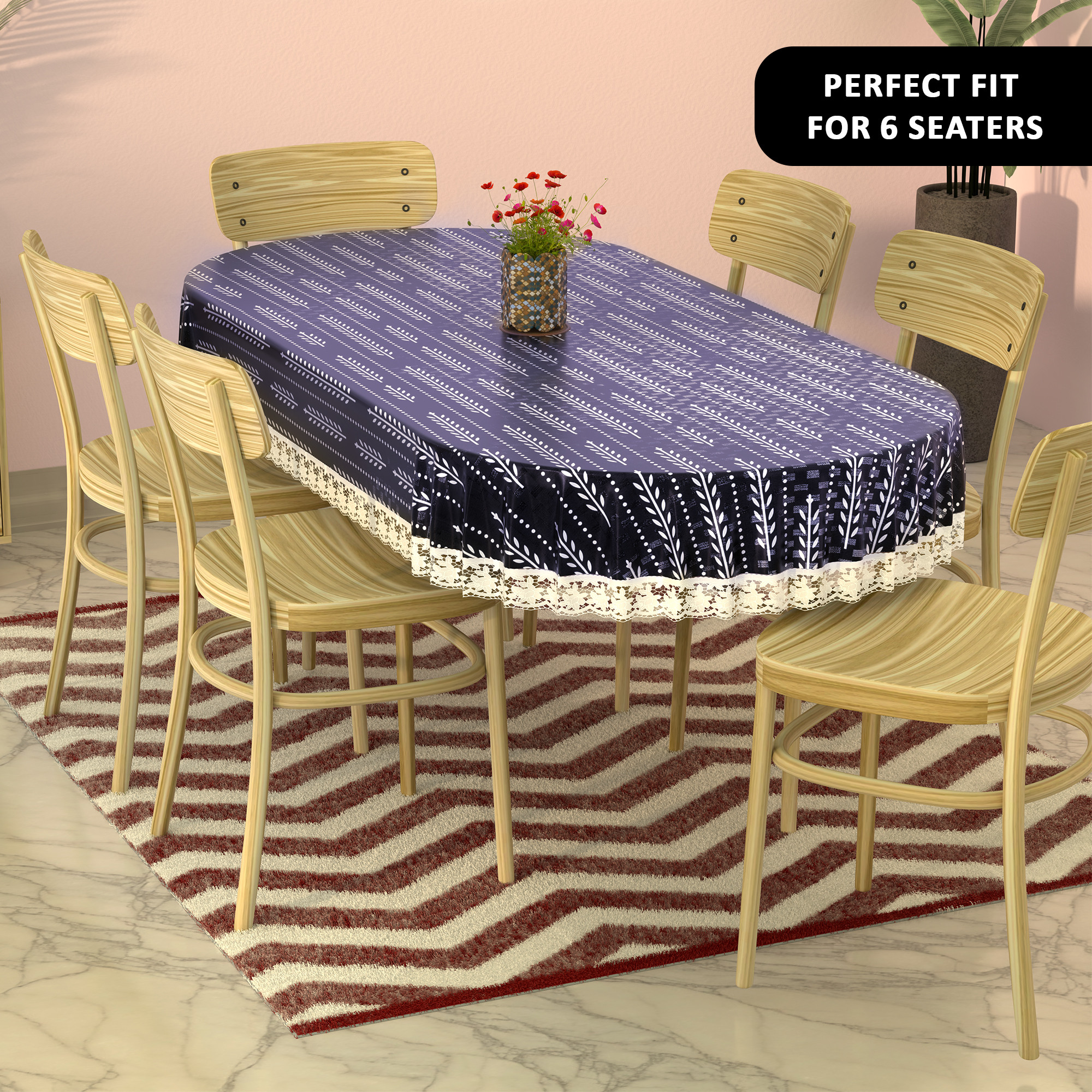 Kuber Industries Oval 60x90 Inches Durable Dining Table Cover 6 Seater for Kitchen  Aesthetic Festive Dinner Table Cover Cloth For Living Room House  Office  Lining Leaf - White  Blue