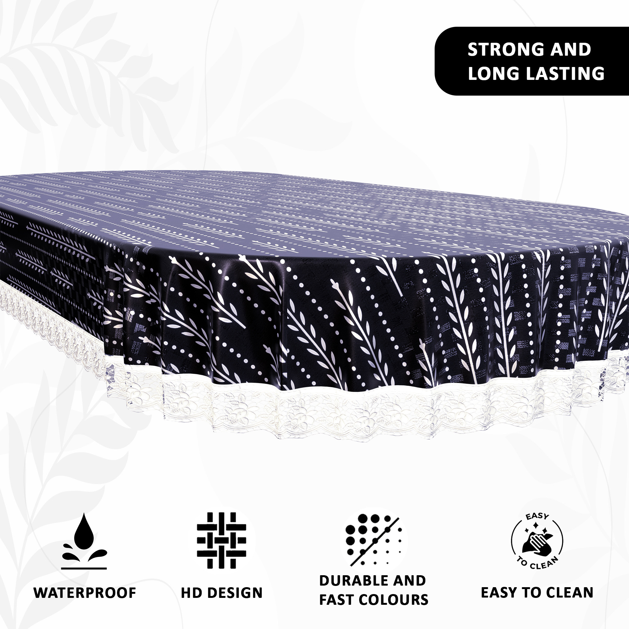 Kuber Industries Oval 60x90 Inches Durable Dining Table Cover 6 Seater for Kitchen  Aesthetic Festive Dinner Table Cover Cloth For Living Room House  Office  Lining Leaf - White  Blue