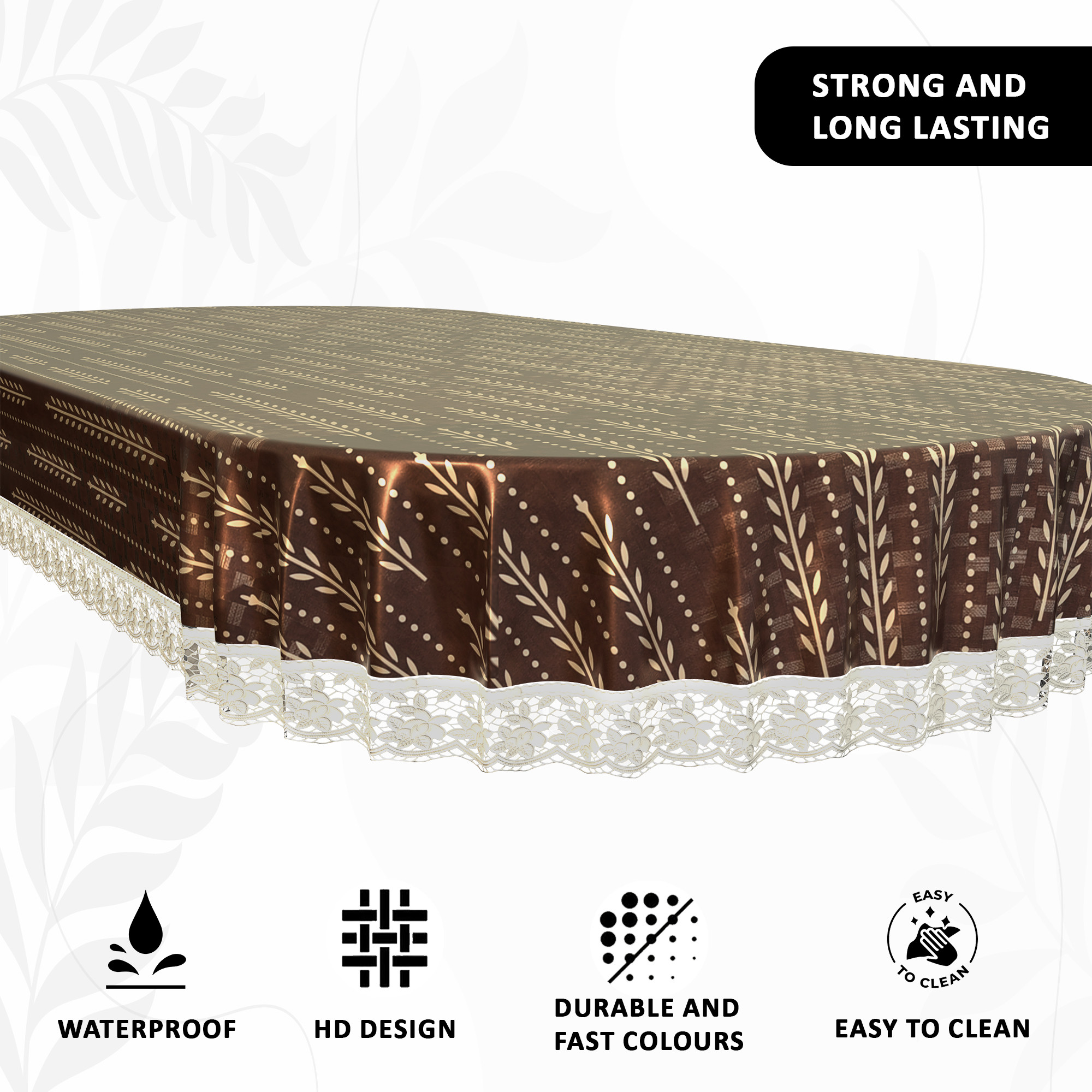 Kuber Industries Oval 60x90 Inches Durable Dining Table Cover 6 Seater for Kitchen  Aesthetic Festive Dinner Table Cover Cloth For Living Room House  Office  Lining Leaf - Cream  Brown