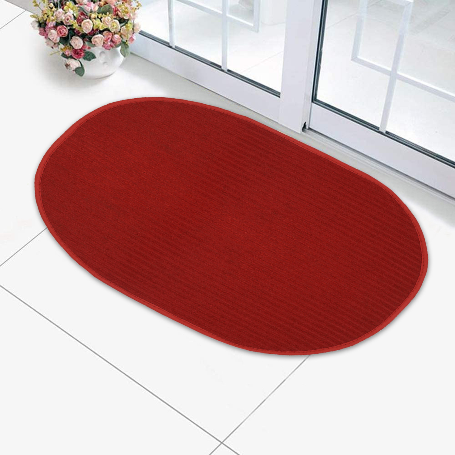 Kuber Industries Oval Shape Durable Microfiber Door Mat, Heavy Duty Doormat, Indoor Outdoor, Easy Clean, Waterproof, Low-Profile Mats for Entry, Patio, Garage (Set Of 2,14'' x 23'',Red & Grey)-KUBMRT12101