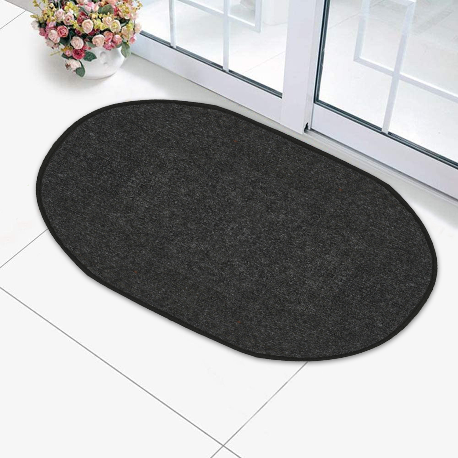Kuber Industries Oval Shape Durable Microfiber Door Mat, Heavy Duty Doormat, Indoor Outdoor, Easy Clean, Waterproof, Low-Profile Mats for Entry, Patio, Garage (Set Of 2,14'' x 23'',Grey & Brown)-KUBMRT12123