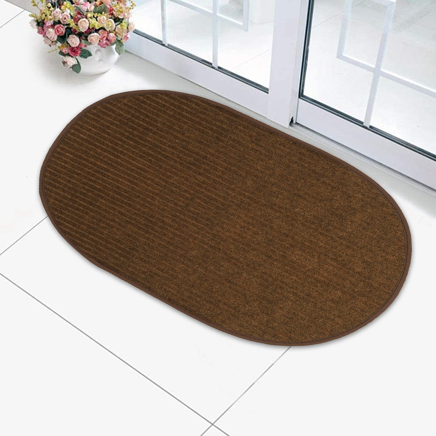 Kuber Industries Oval Shape Durable Microfiber Door Mat, Heavy Duty Doormat, Indoor Outdoor, Easy Clean, Waterproof, Low-Profile Mats for Entry, Patio, Garage (Set Of 3,14'' x 23'',Green & Grey & Brown)-KUBMRT12143